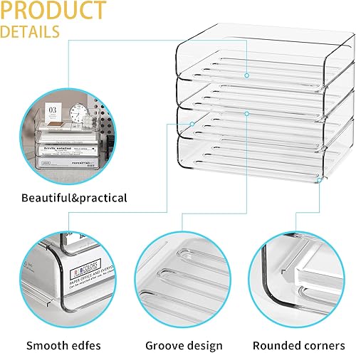 Miniatura 3 de Organizador de bandeja de papel acrílico de 4 niveles, clasificador de archivos de escritorio de bajo perfil para oficinahogar, bandeja de letras