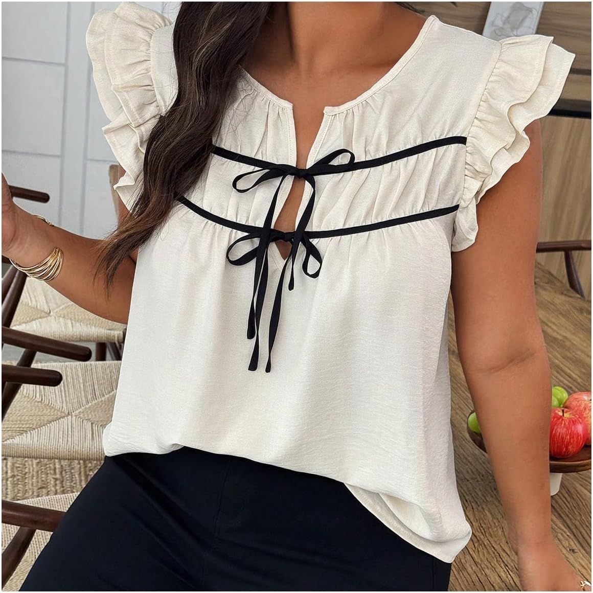 Floerns Women's Plus Size Tie Front Blouses Top Ruched Ruffle Cap Sleeve Crew Neck Shirts - Image 4