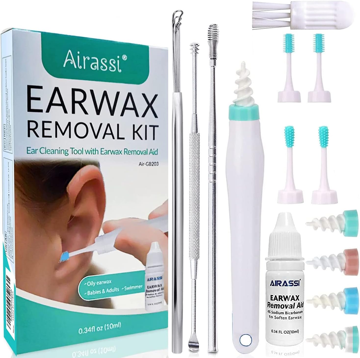 Ear wax Remover With Ear wax Removal Aid & 8 Replacement Heads Included 4 Reusable Micro-Bristles and 4 Silicone Q-grip Heads, 4PCS Ear Picker