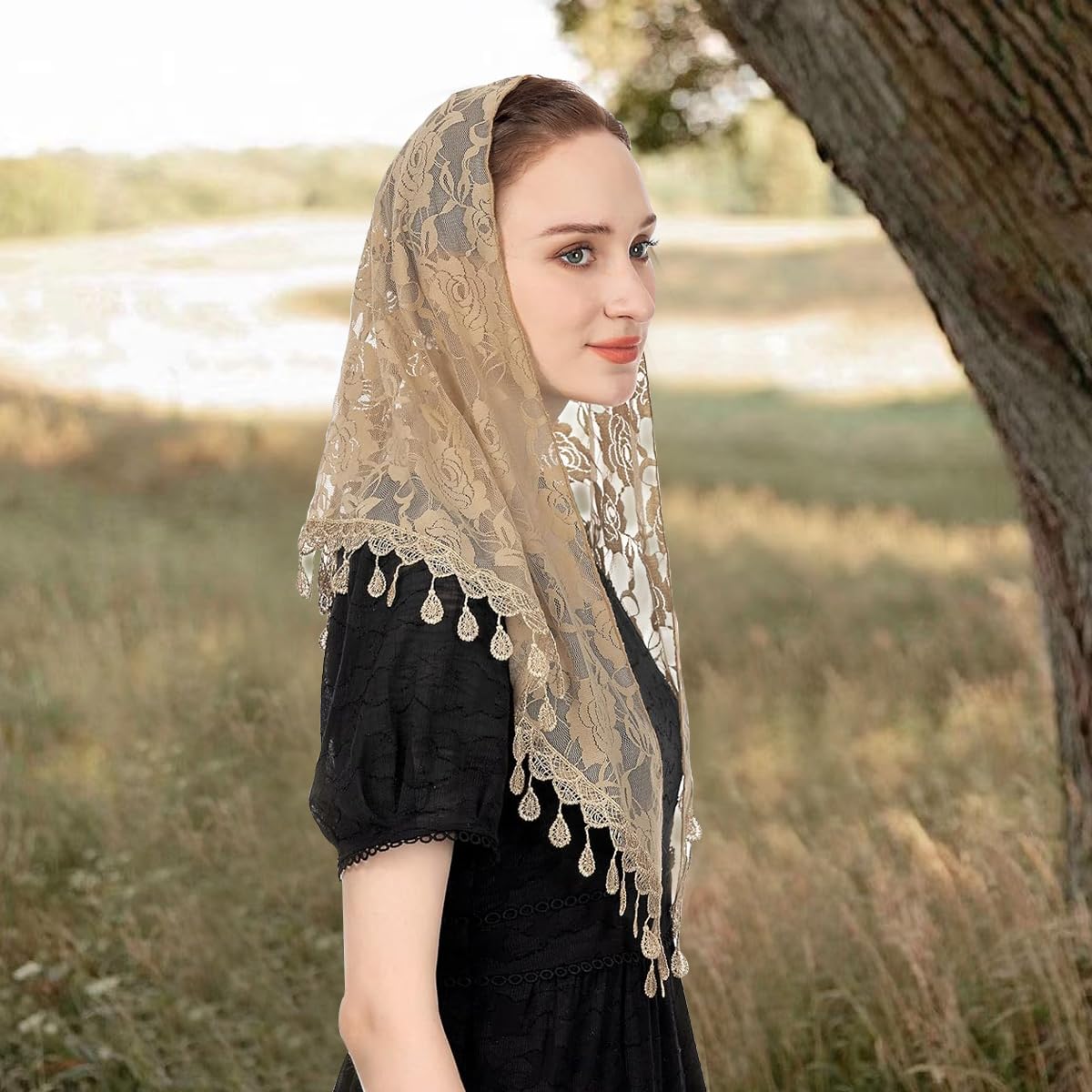 PALAY Lace Mantilla Triangle Veil for Church, Tassel Scarf, Brown 4