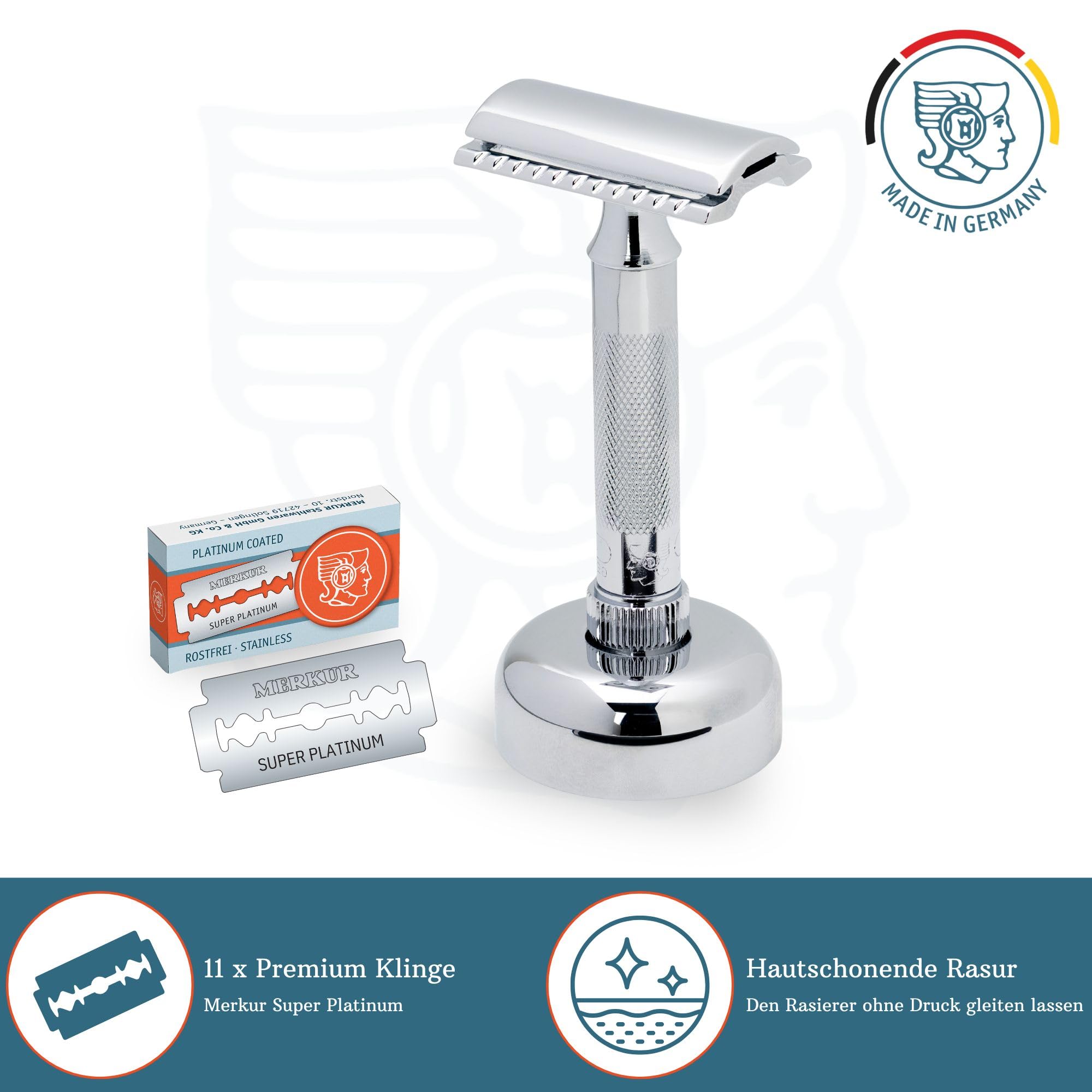 MERKUR 34C Rasierhobel Set inkl premium Rasierhobel, Rasierständer und 11x Platinum Klinge | Glanzchrom | Geschlossener Kamm | Ideal für Nassrasur | Made in Germany