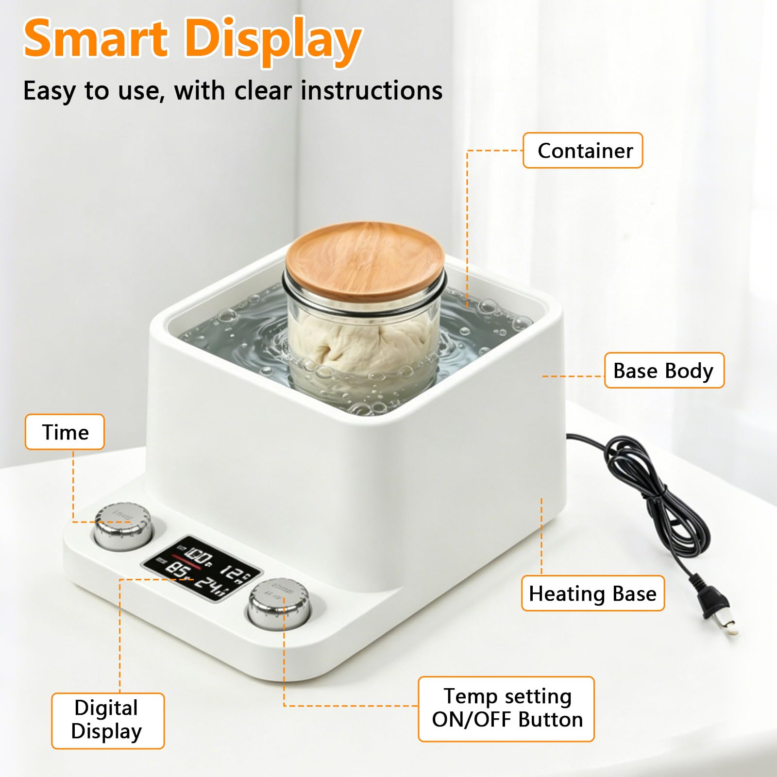 Chauffe-levain - Chauffe-bain-marie en verre - Thermostat précis (21 à 40 °C) - Minuterie intelligente de 198 heures - Tampon chauffant au levain pour accessoires de pâtisserie, boulangerie