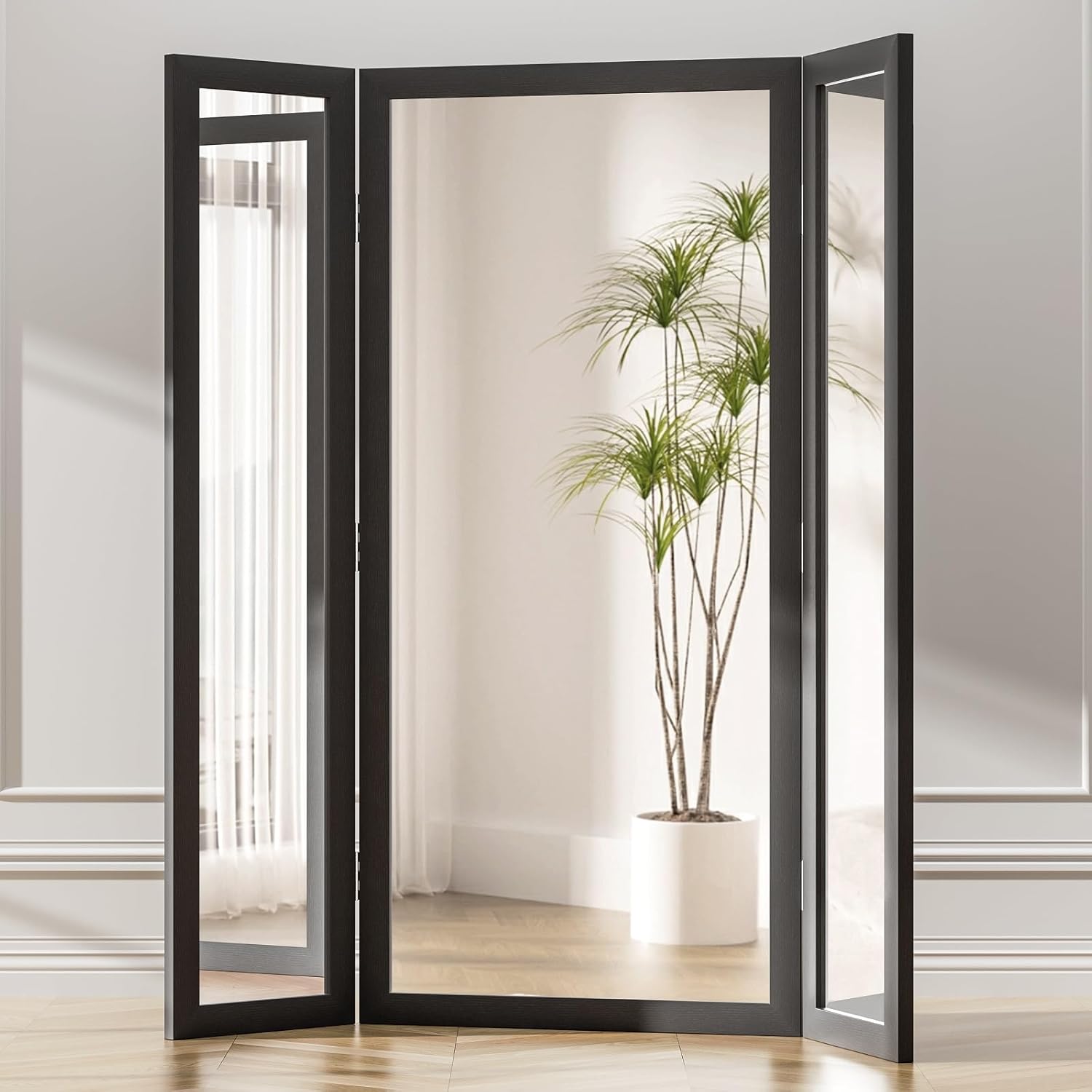 3 Way Mirror Full Length with Tempered Glass, 71"x67" Oversized Bridal Triple-Fold Floor Mirror with Wood Frame, Decorative Trifold Mirror for Home,Wedding Dress/Clothing Shop/Bedroom/Closet (Black)