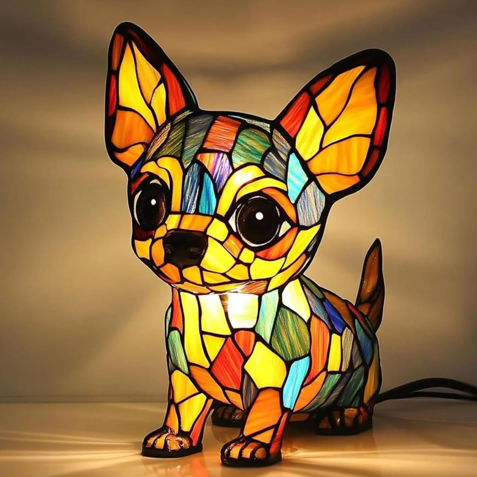 3D Pet Animal Lamp Stained Glass, Cute Dog Cat Kitty Cattle LED Night Light Gift for Pet Lovers, Retro Stained Resin USB Powered Bedside Nightlight Bedroom Kids' Room Nursery Home Decor (H)