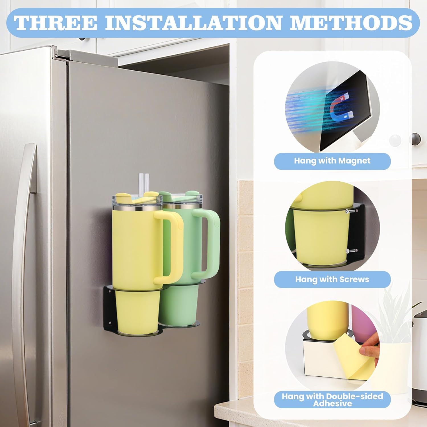 2 Pack Magnetic Stanley Cup Holder Water Bottle Organizer for Stanley 30&40 oz Tumbler with Double Sided Tape Hold Stanley Cup Accessories for Kitchen Fridge Cabinet(Black) - Image 2