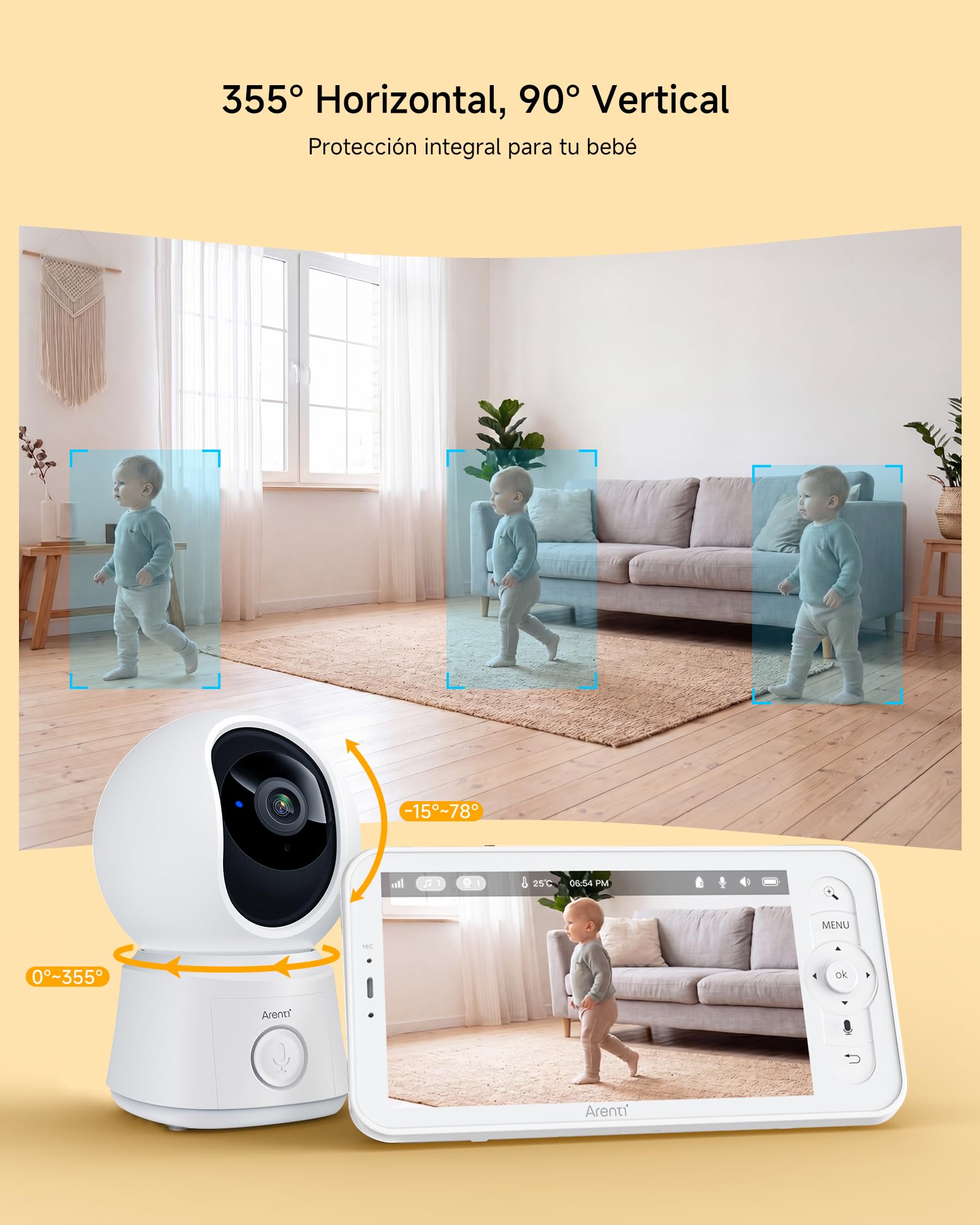 ARENTI cámara Bebe vigilancia 1080P con 5" Monitor, Vigilabebes con Camara, Detección de Movimiento y Sonido, Alarma de Área, Visión Nocturna, Modo VOX, Sensor Temperatura, Audio Bidireccional