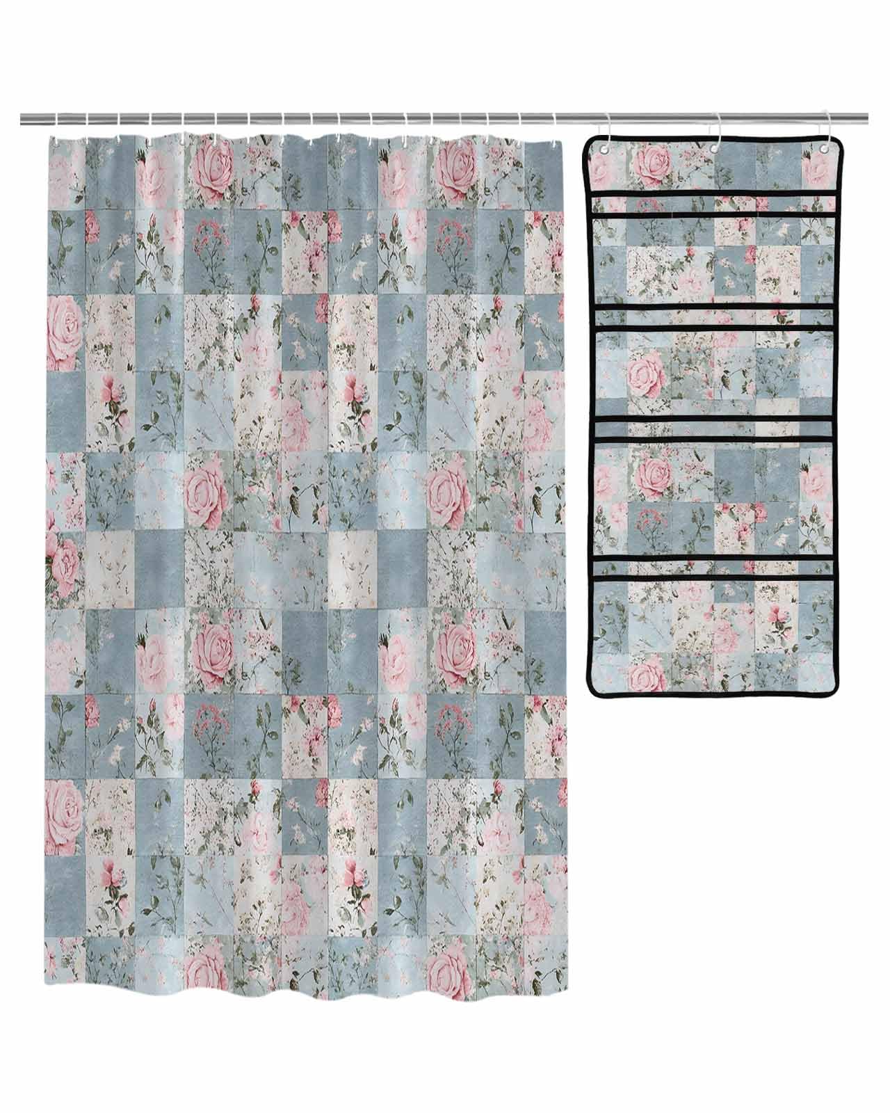 Shower Curtain Mesh Shower Organizer Set Farmhouse Pink Flower Blue Splicing Waterproof Bath Curtains Hanging Shower Caddy Bathroom
