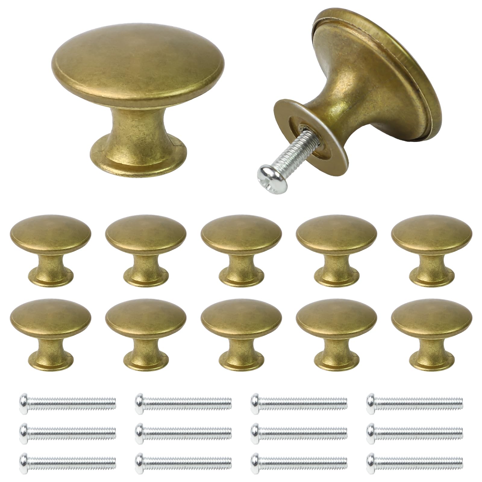 Parastar 12 PCS Antique Brass Door Handles, Round Brass Cupboard