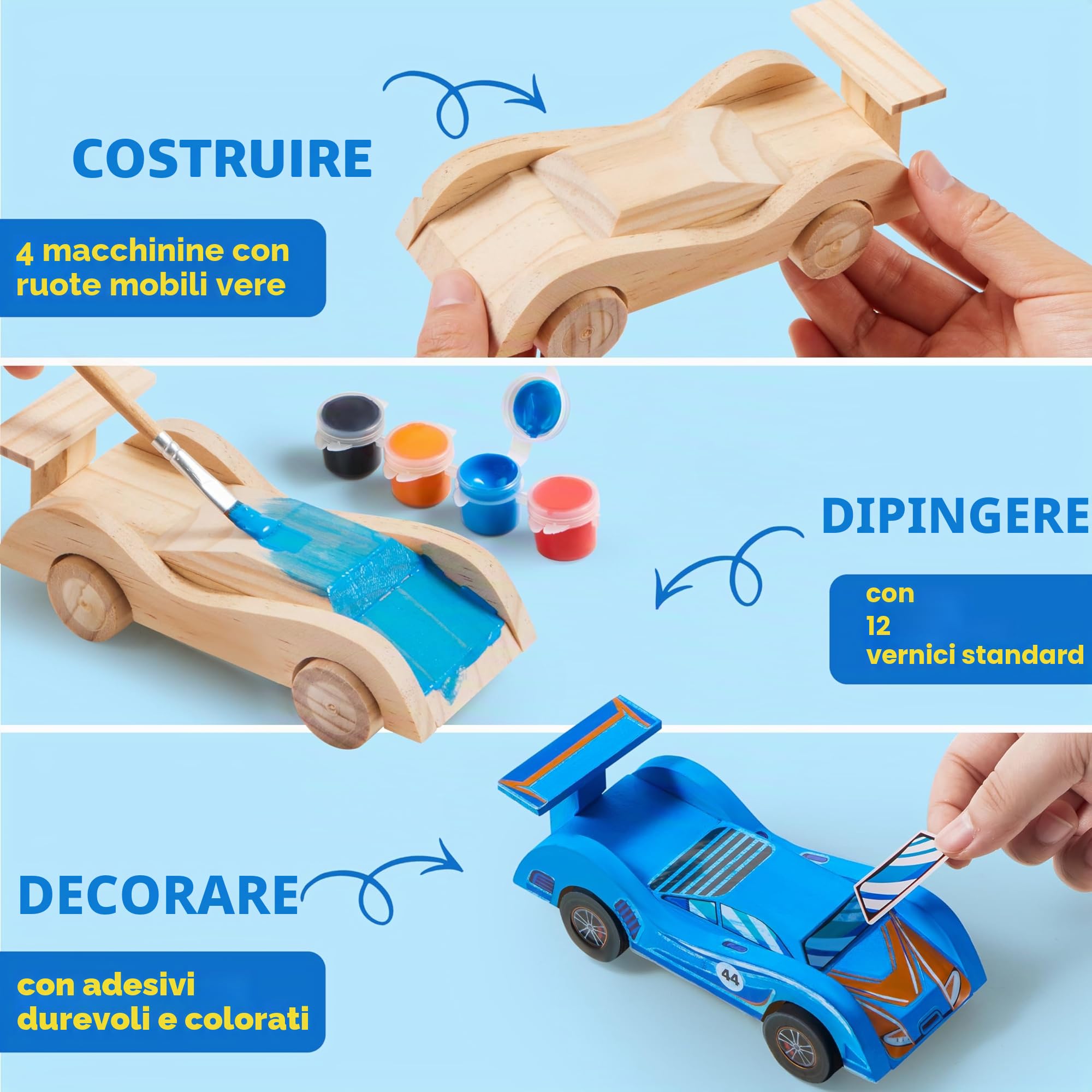 Klever Kits 4 Kit Fai-da-Te per Costruire e Dipingere le Tue Auto da Corsa in Legno, 4 Giocattoli Auto da Corsa, Kit di Arti e Mestieri Facile da Assemblare, Regali per Feste di Compleanno per Bambini