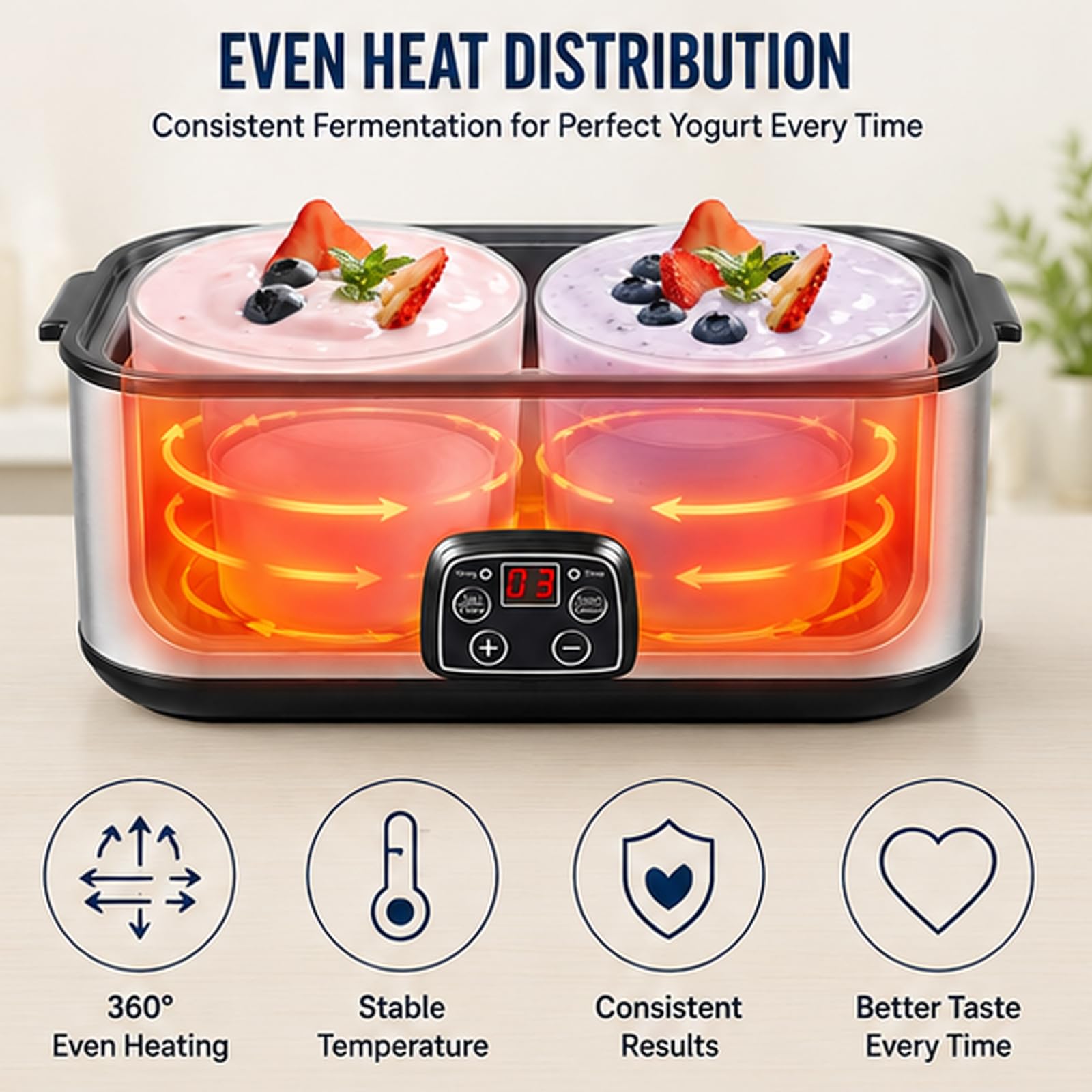 Yogurtiera Automatica da 2000 ml con 2 vasetti di Vetro, Yogurtiera in Acciaio Inossidabile con Display a LED, Controllo Tempo e Temperatura Regolabile fino a 48 Ore, per Yogurt Biologico Fatto in Cas