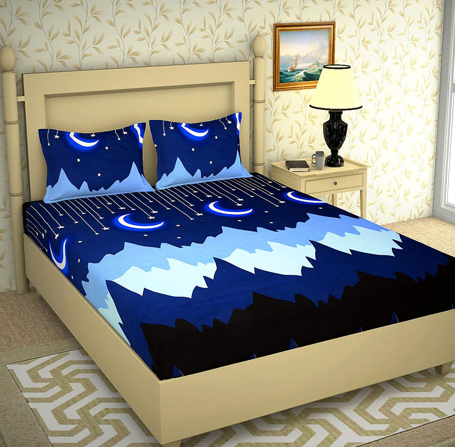 Sky Tex Elastic Fitted Blue Color Glace Cotton Moons & Stars Printed 140 TC King Size Double Bed Sheet with 2 Pillow Covers
