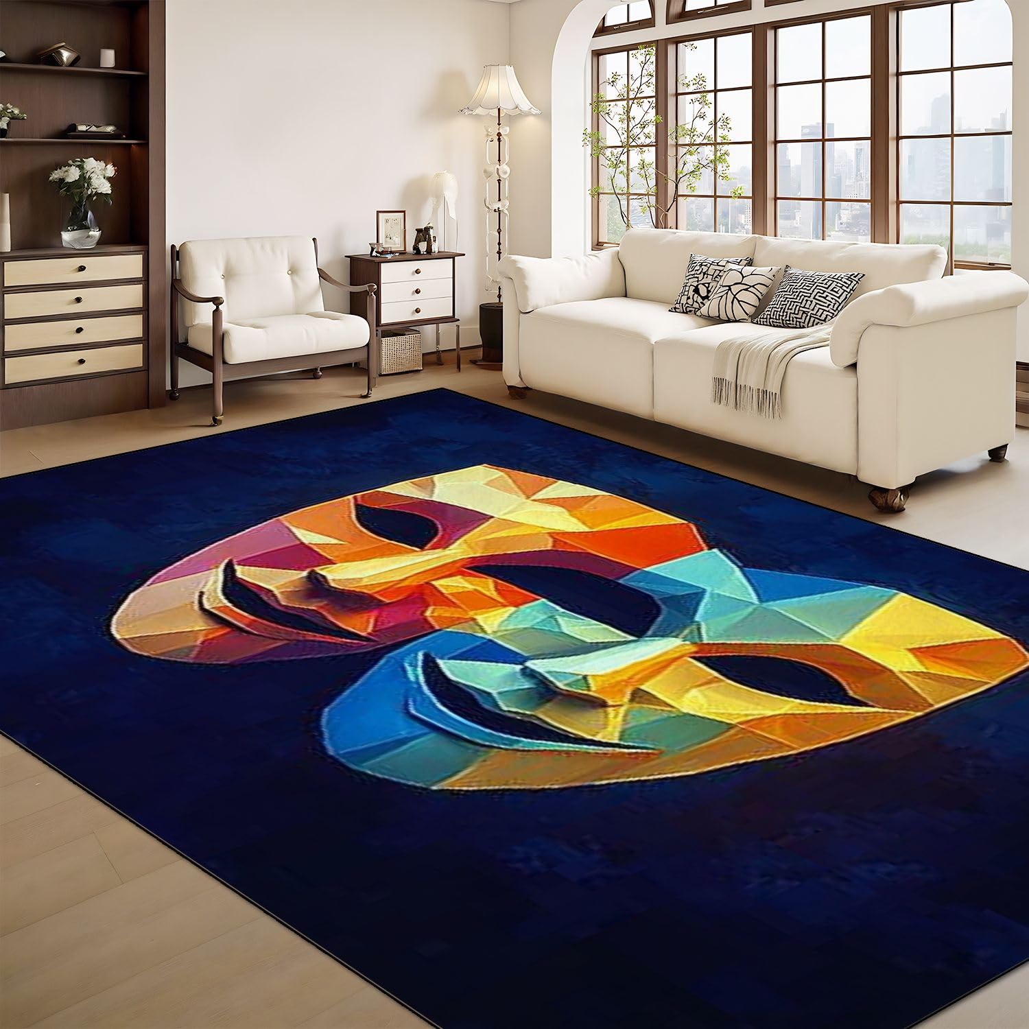Washable Area Rug for Living Room Theatre Drama Comedy Masks Color Non Slip Stain Resistant Theatre Drama Comedy Masks Color Large Faux Wool Rug