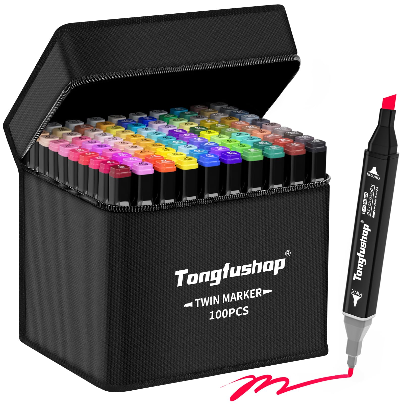 Tongfushop Rotuladores Alcohol de 100 Colores, Marcadores Impermeabile, Seguro y Secado Rápido Marker Pen, Rotulador Doble Punta con Base y Maletín de Transporte, para Bocetos, Cómics, Garabatos