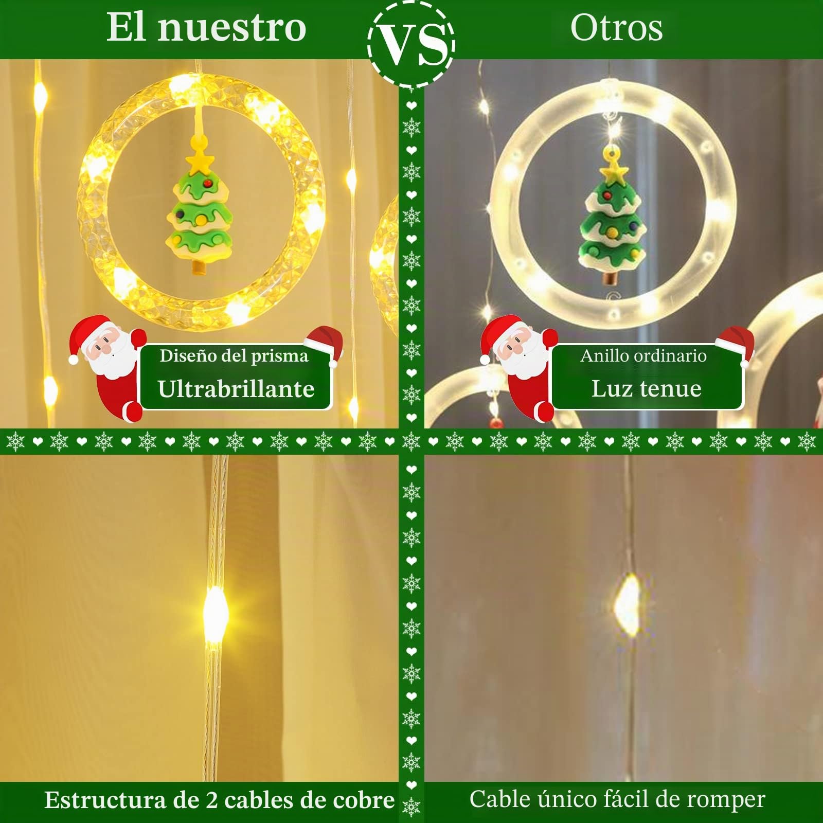 GlobaLink 3M x 0.7M Cortina Luces Navidad Enchufe con 10 Anillos Estatua, Impermeables 8 Modos Adornos para Natal Ventana Bodas Exterior Interior, Luz de Cadena Guirnalda, 100 LED, Blanco Cálido