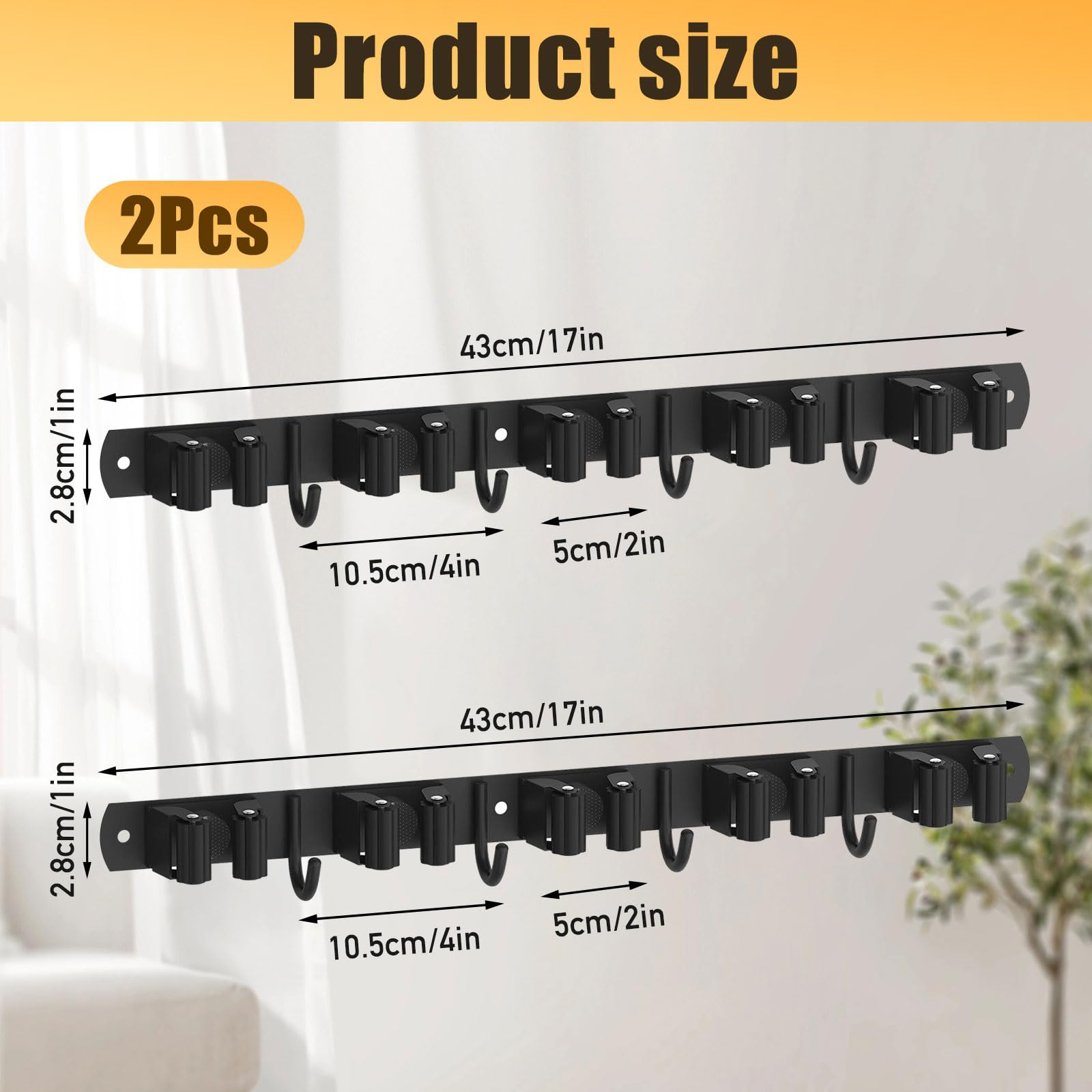 Besenhalterung Wand Selbstklebend - Robuster Metall Besenhalter mit 5 Haken, Aufbewahrungssystem für Kehrzeug/Besen/Mop (Max 13kg, CE) (2)