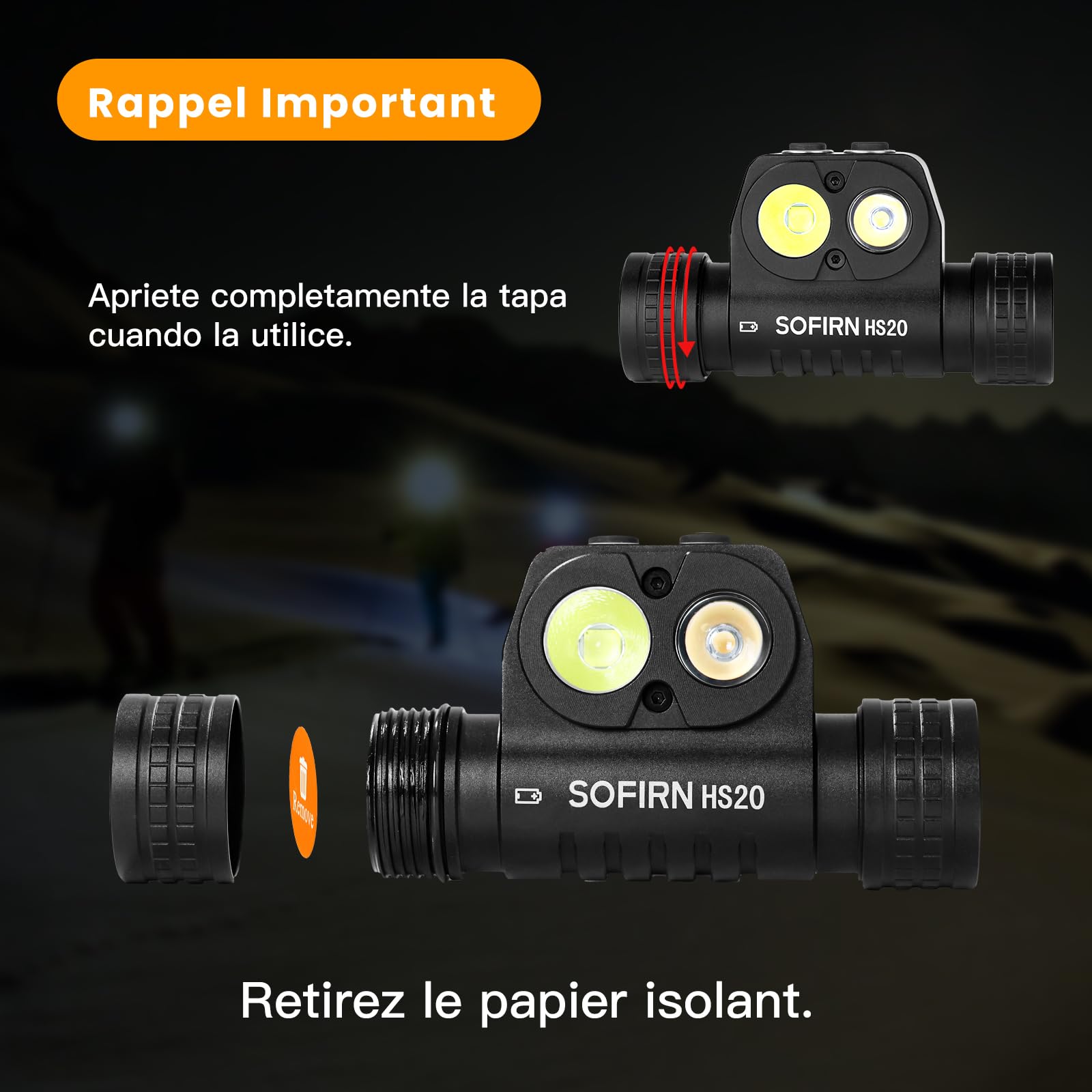 sofirn HS20 - Lámpara frontal LED, 2700 lúmenes, doble emisor, 90 CRI 5000K, 3 programas de funcionamiento, frontal profesional para acampar, carrera