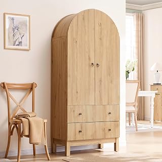 IFGET 71" Fluted Arched Pantry Cabinet with 3 Adjustable Shelves & 2 Soft-Close Drawers - Modern Freestanding Kitchen Storage, Natural