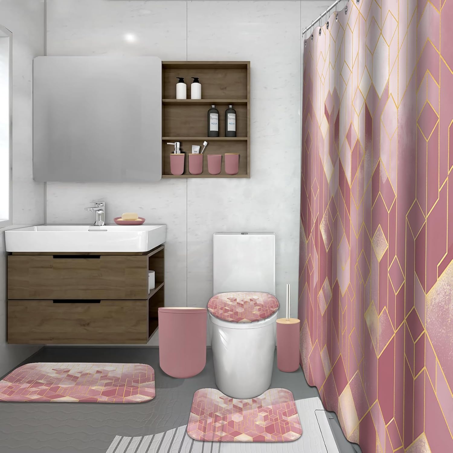 Lnond Pink Bathroom Set, Pink Abstract Cubes Bathroom Accessories Sets Complete, Luxury Restroom Set with Shower Curtain and Rugs, Trash Can, Toilet Brush Holder Set & Soap Dispenser