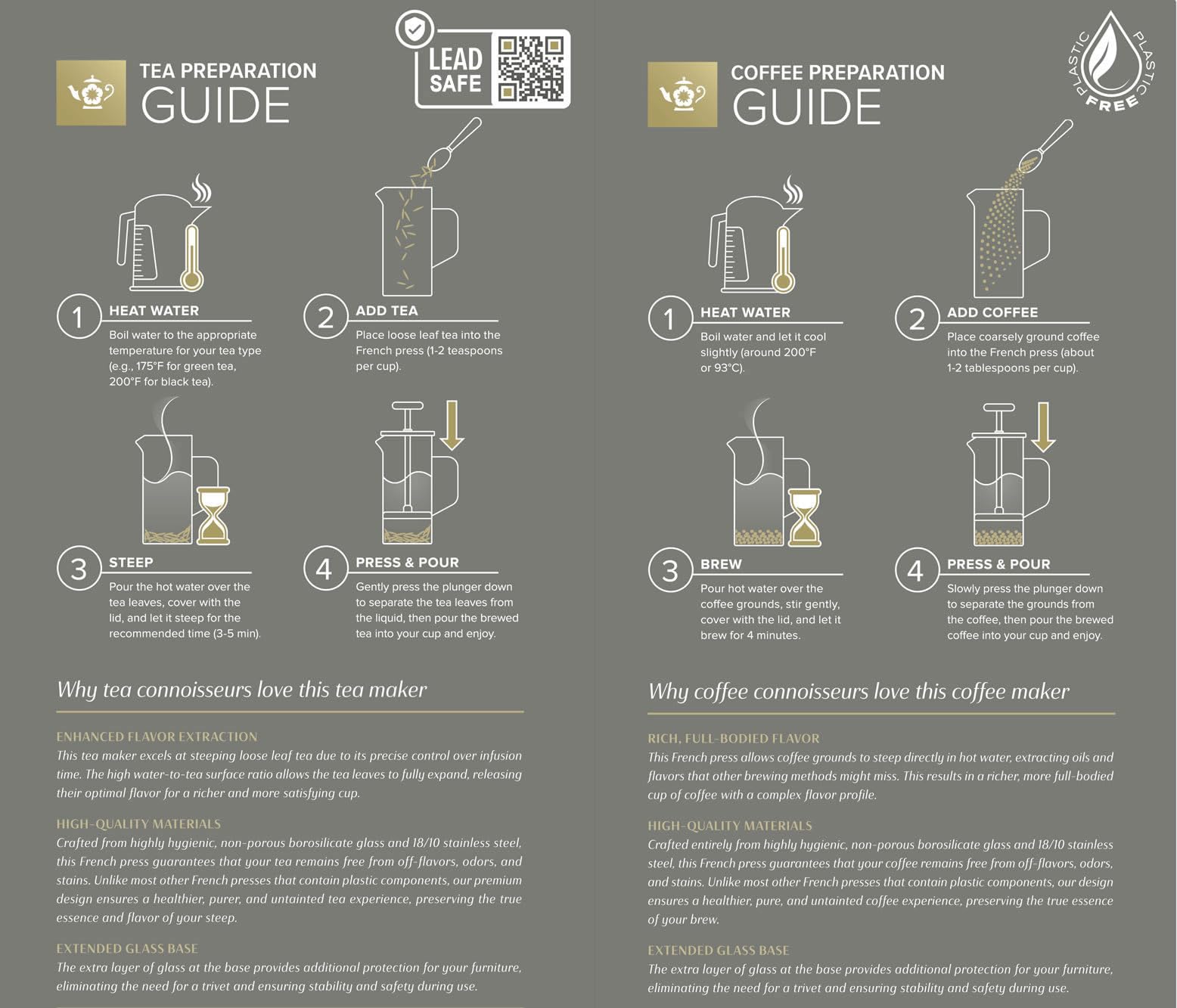 Teabloom Toulouse - Prensa francesa sin plástico para té y café, 700 ml, gris oscuro