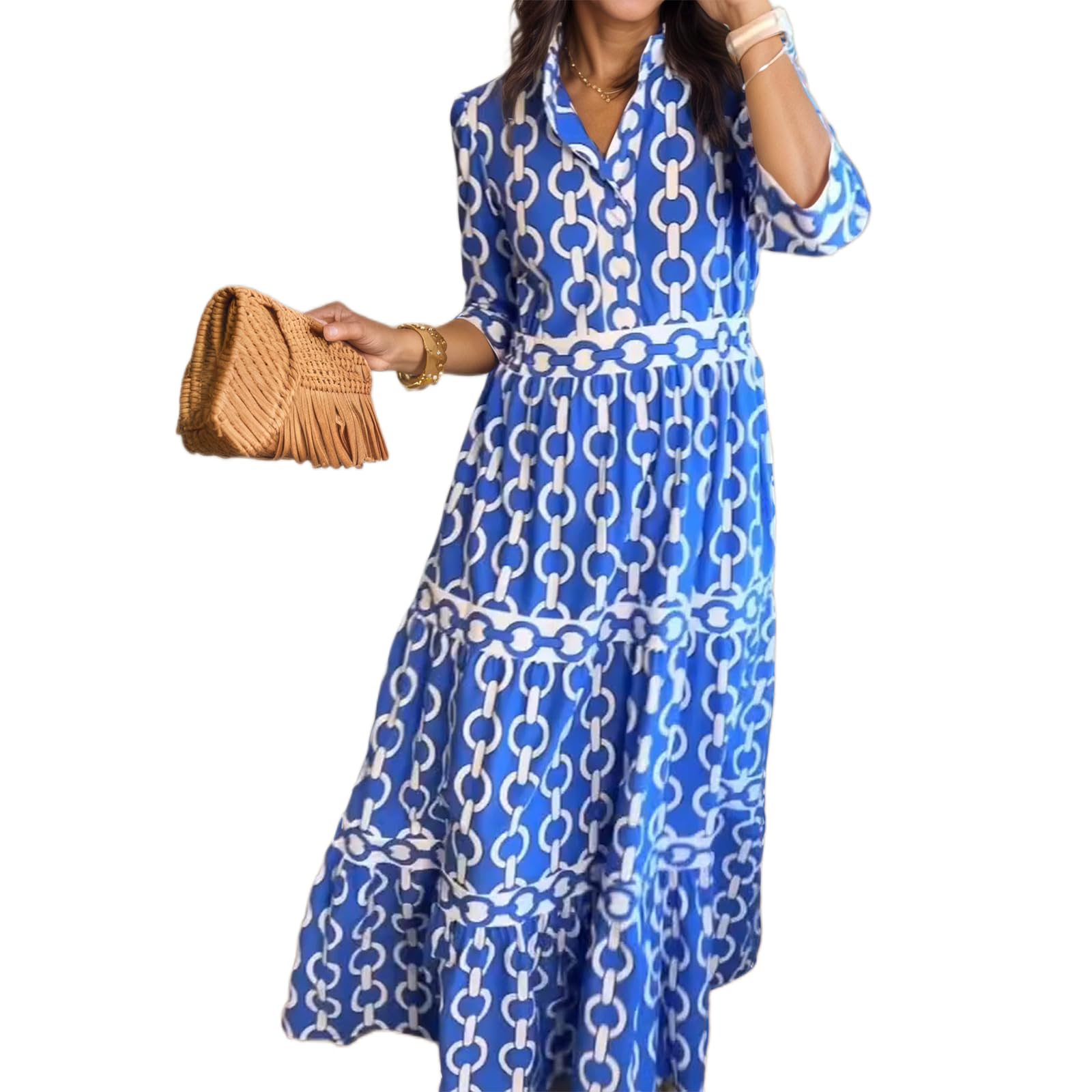 LAOMIT Summer Maxi Dresses for Women Casual Chain Print Round Neck 3/4 Sleeve Flowy Beach Boho Long Dress