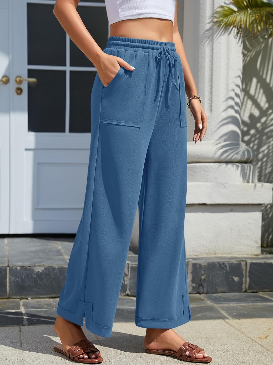 Womens Wide Leg Pants Baggy Palazzo Pants Casual Loose Drawstring Elastic Waisted Lounge Trousers with Pockets - Image 3