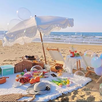 2m Garden Parasol With Tilt Boho Beach Umbrella With Fringe Outdoor Patio Umbrella UV50+ Protection Balcony Umbrella Waterproof Holiday Beach Parasol With Carry Bag Portable Parasol For Deck Pool