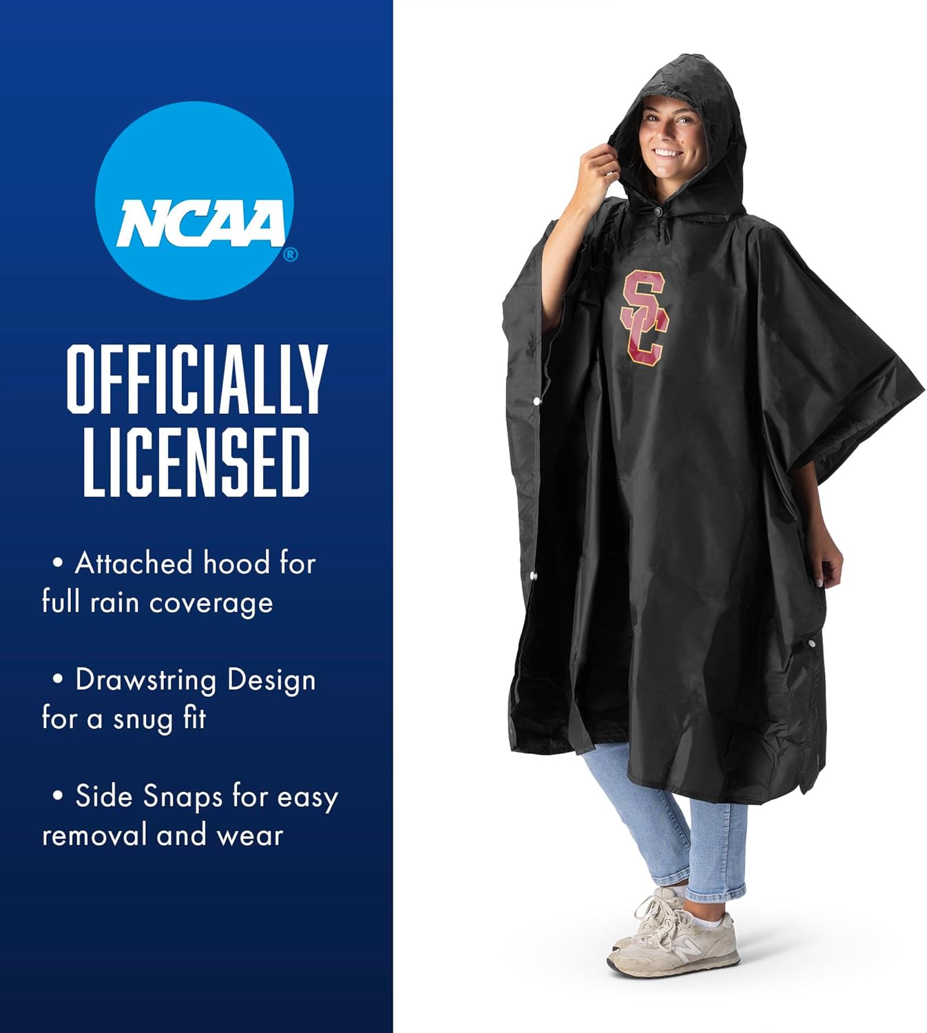 Northwest NCAA Lightweight Waterproof Pullover Poncho with Hood and Mesh Storage Bag, Compact Rain Gear for Hiking, Camping