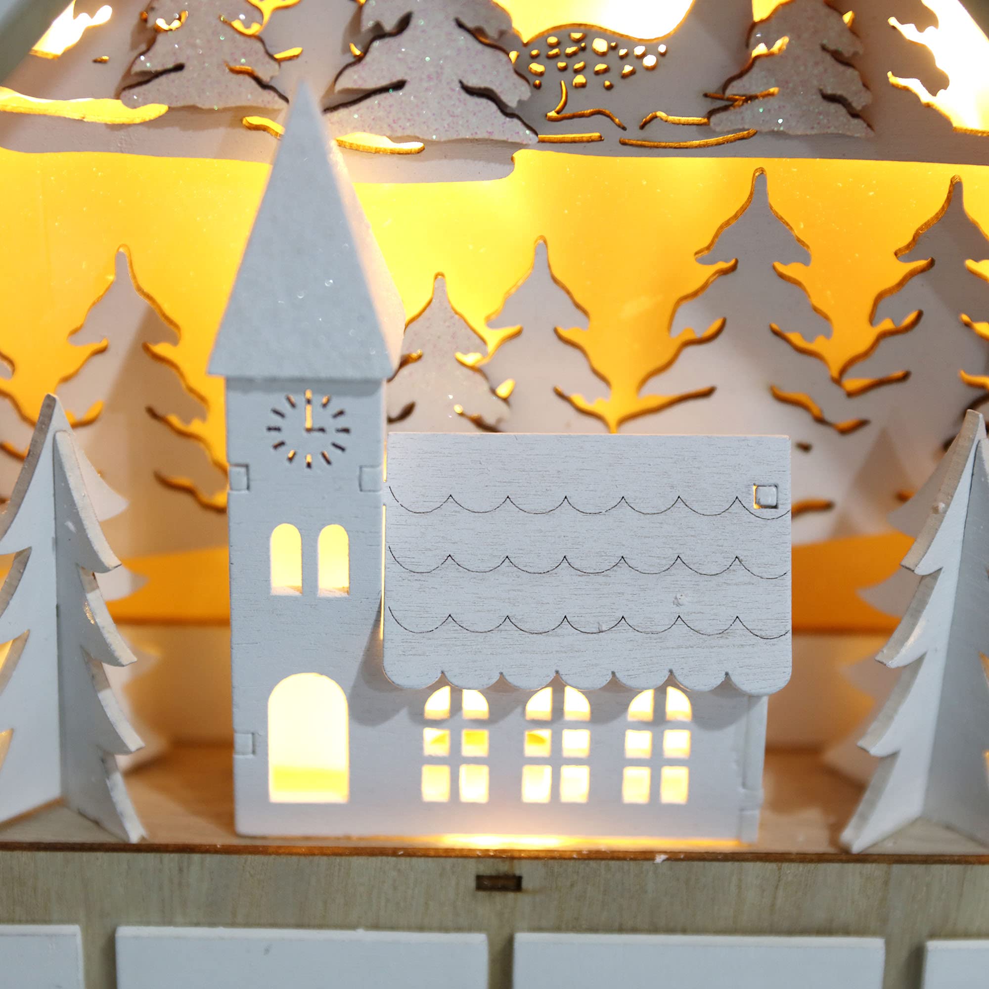 Pioneer-Effort Weihnachts-Adventskalenderhaus aus Holz mit 24 Schubladen und LED-Lichtern, Dorf- und Waldszene Countdown bis Weihnachten, wiederverwendbare Dekoration, 41 x 7 x 45 cm
