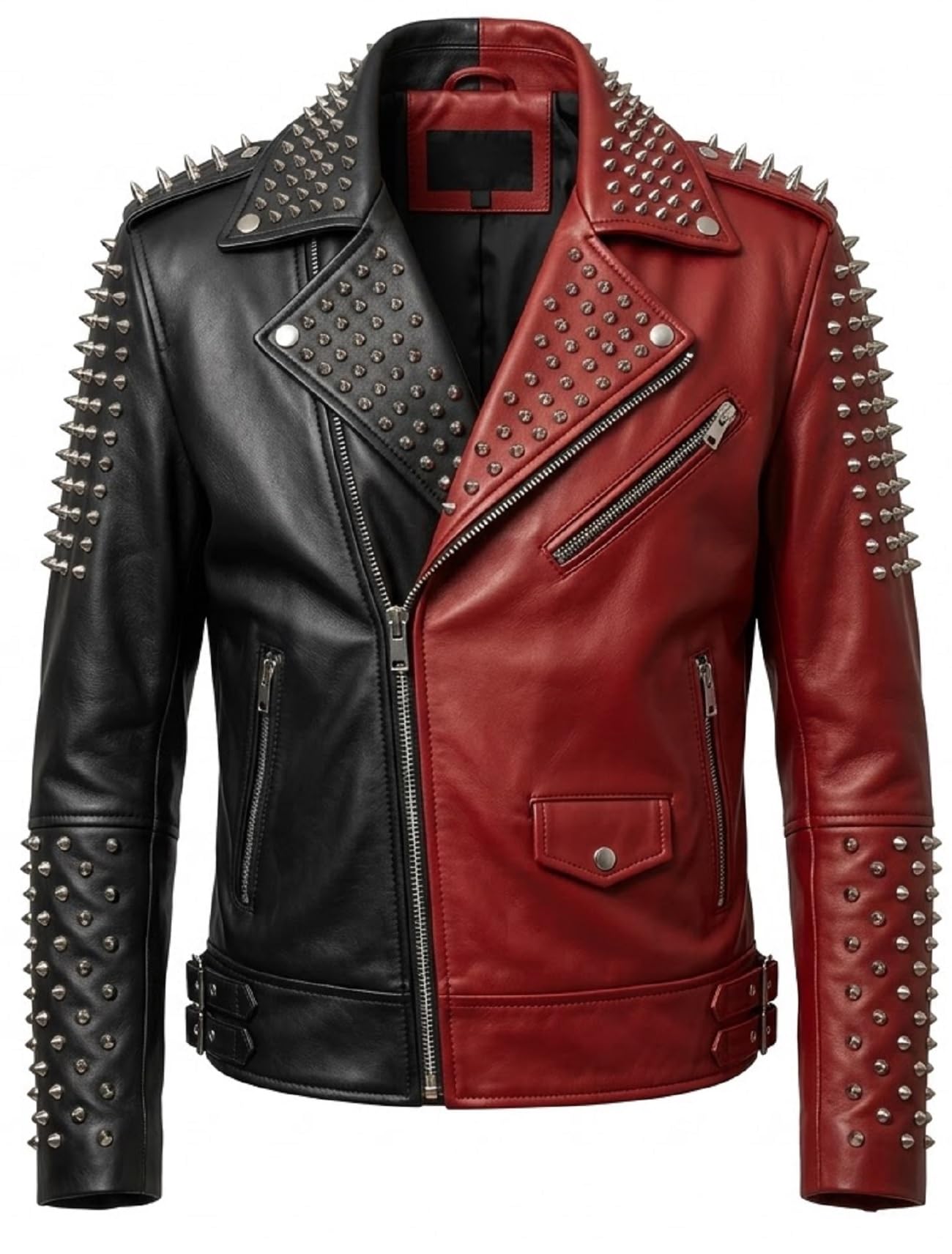 Giacca da motociclista da uomo, in pelle, con borchie, gotico, bicolore, stile punk rock
