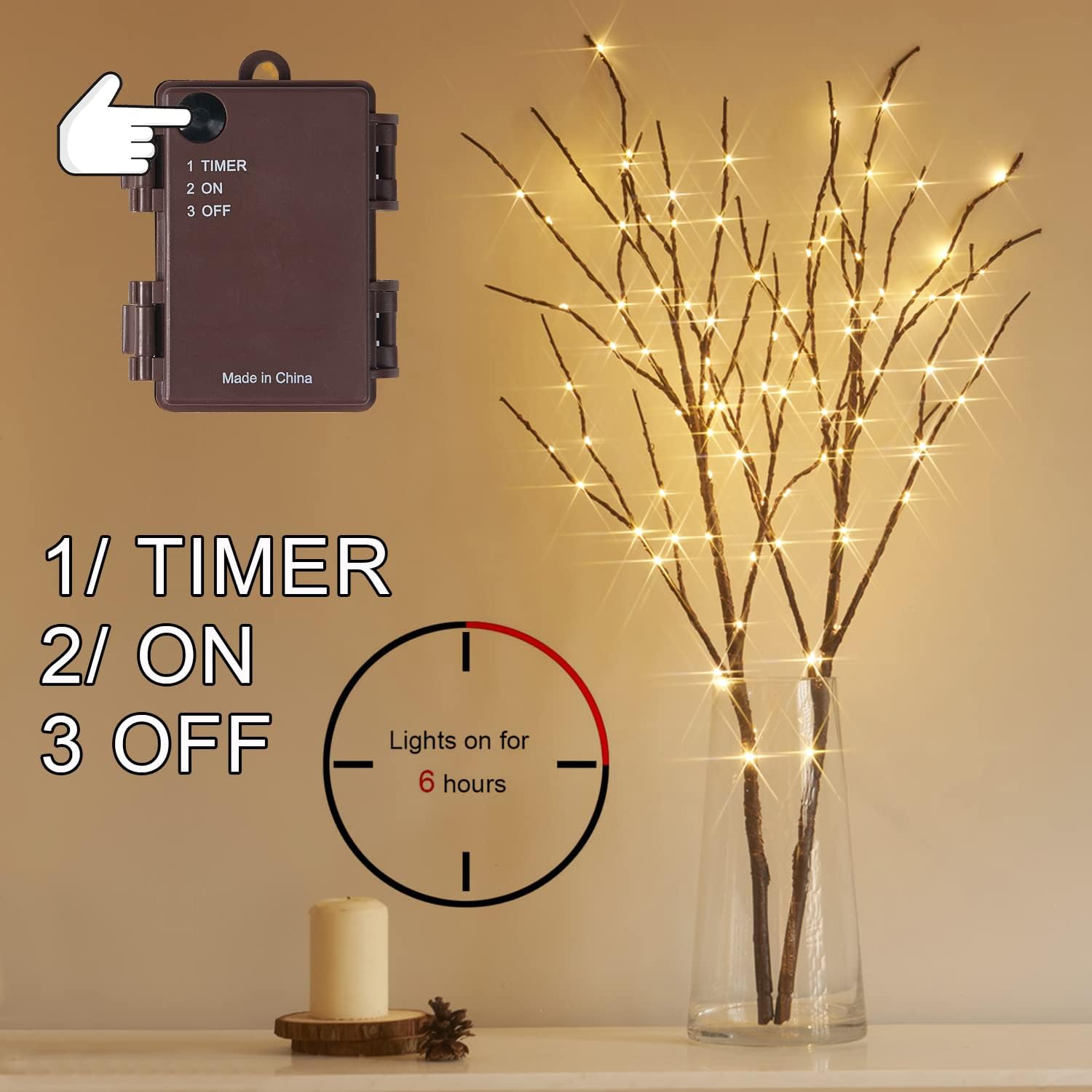 Fudios Lighted Brown Branches with Timer 32 in 100 LED for Vases Battery Operated, Artificial Willow Branch Twigs with Warm White Lights for Christmas Holiday Party Decor