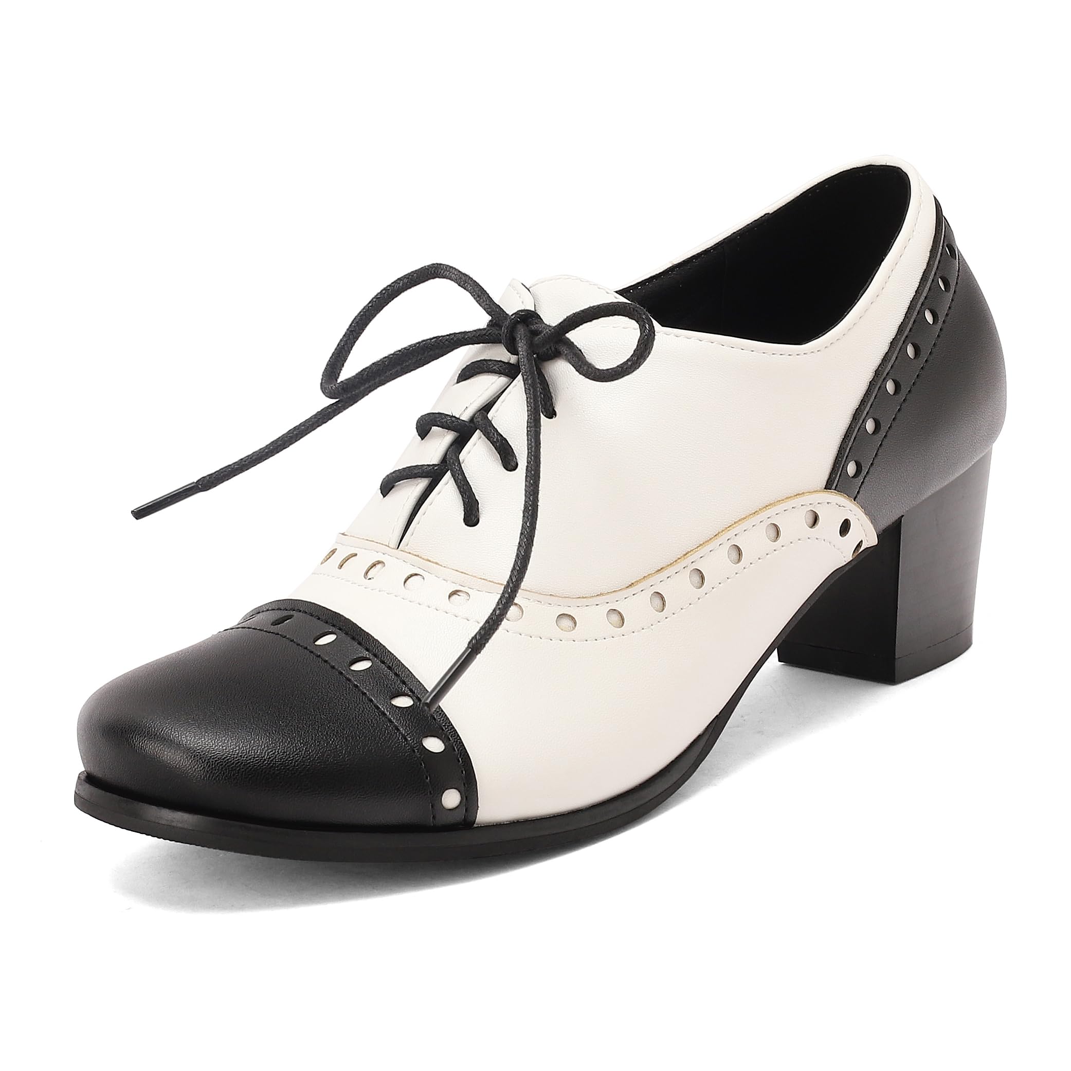 Womens Oxford Pumps Brogue Dress Shoes Mid Block Heel Lace-Up Professional Office Footwear