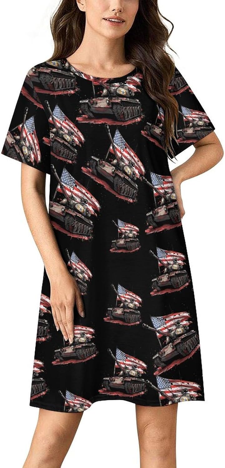 American Tank Flag Women's Nightgown Short Sleeve Sleep Shirt Casual Sleepwear Night Gowns Sleepdress