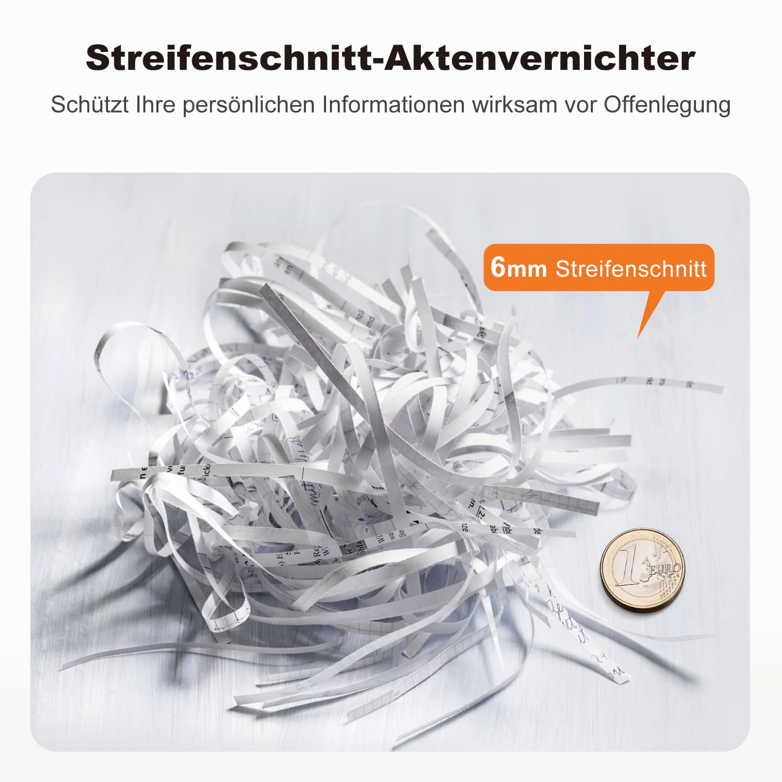 Bonsaii Aktenvernichter Aufsatz, 6 Blatt Streifenschnitt Schredder, Sicherheitsstufe P2, Dokumenten Papierschredder mit Teleskoparm, mit 9 Liter Papierkorb (S123-A)