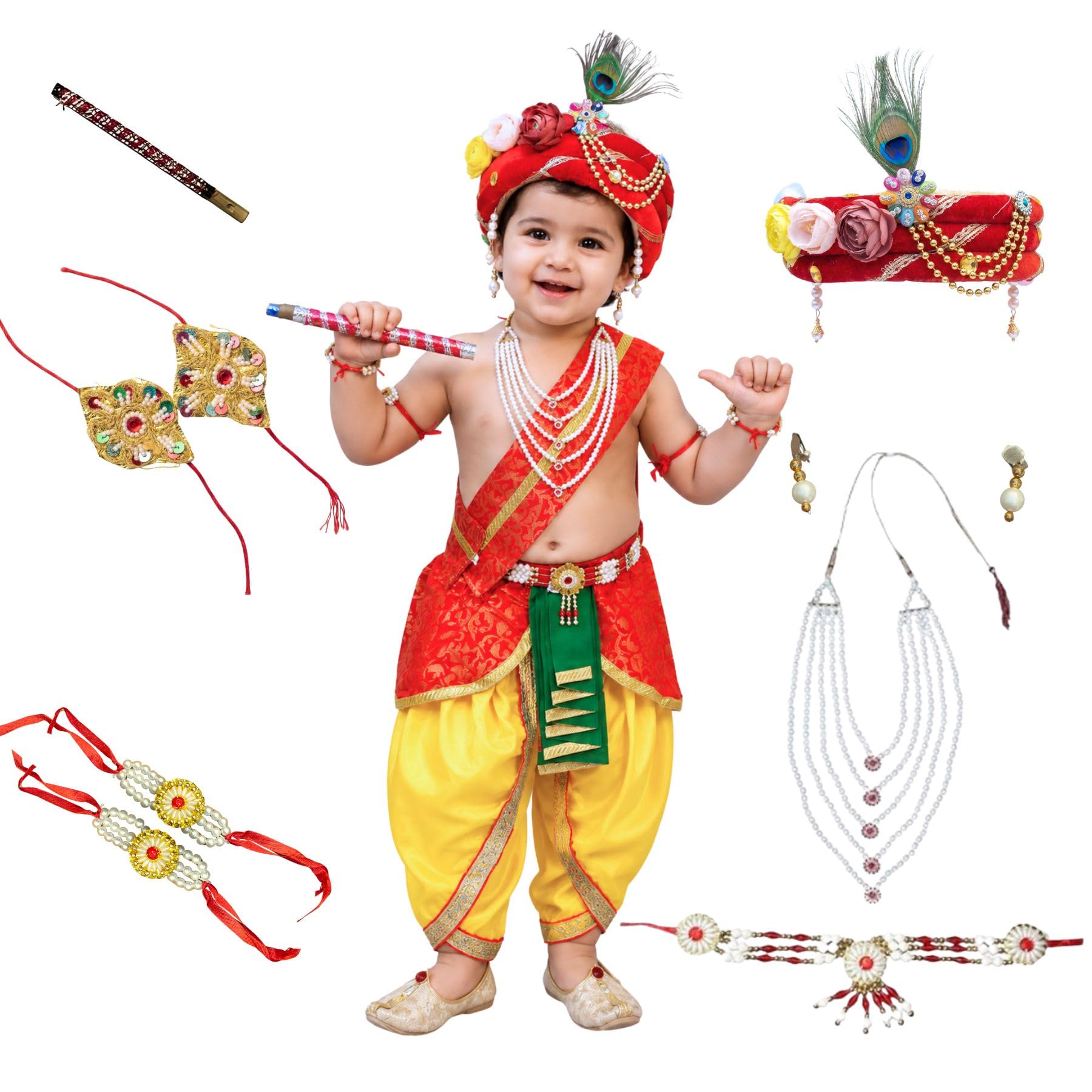 Kaku Fancy Dresses Krishna Costume with Dhoti for Boy/Janmashtami/Bal Gopal Dress/Kanha Costume/Bal Krishna/Mythological Costume for Boy - Yellow-Red, 1-2 Years