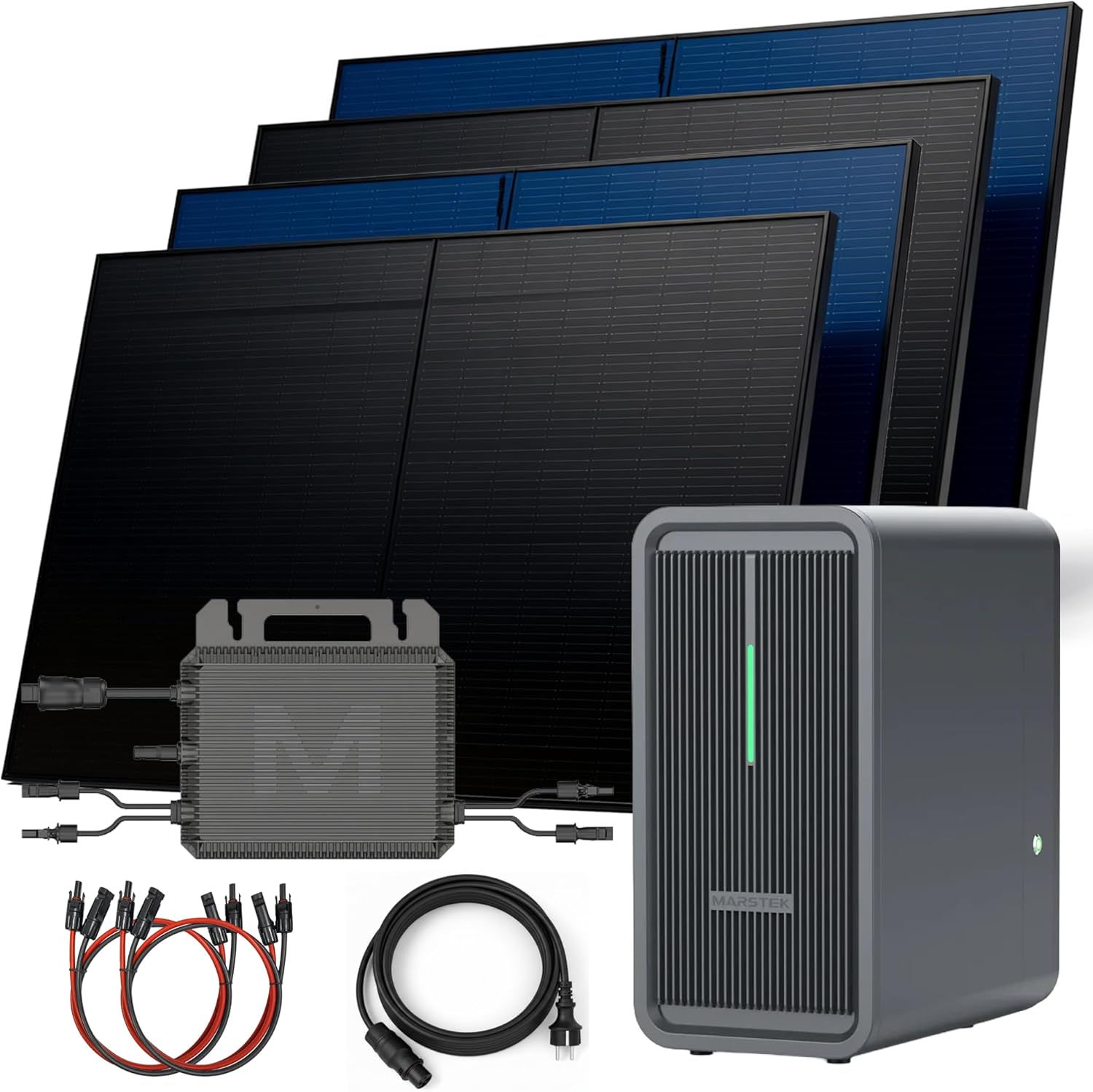 SUNNIVA® 2000W Balkonkraftwerk mit 2,24 kWh Speicher MARSTEK B2500-D, BIFAZIAL FULLBLACK komplett Steckdose, PV Solaranlage Komplettset mit Solarspeicher, 4x 500W N-Type Glas-Glas Bifacial Module