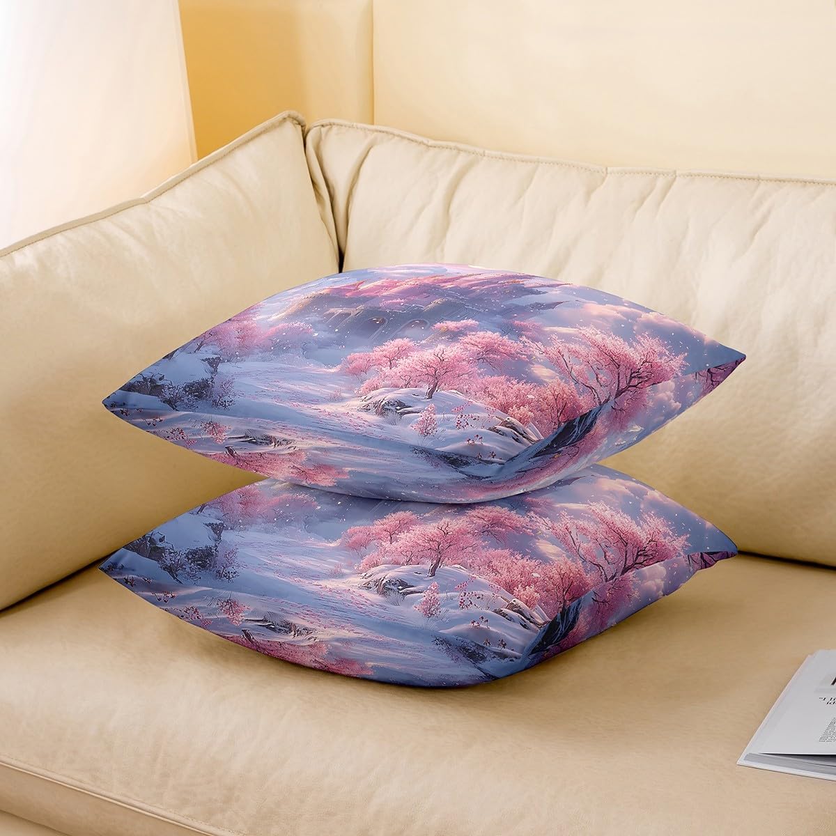 Romantic Castle Throw Pillow Covers 24"x24" Girlish Fairy Tale Pillowcases Dreamy Pink Cherry Blossom Reversible Print Cushion Cover Moon Nebula Clouds Pillow Covers for Sofa,Set of 2