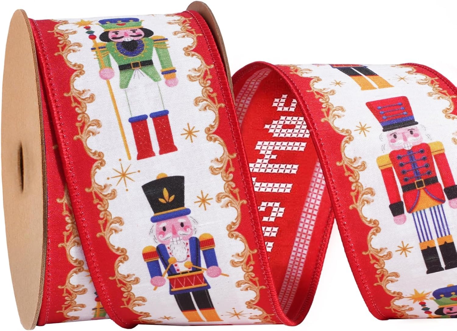 LaRibbons Nutcracker Ribbon Wired, Merry Christmas Backing, Double Sided