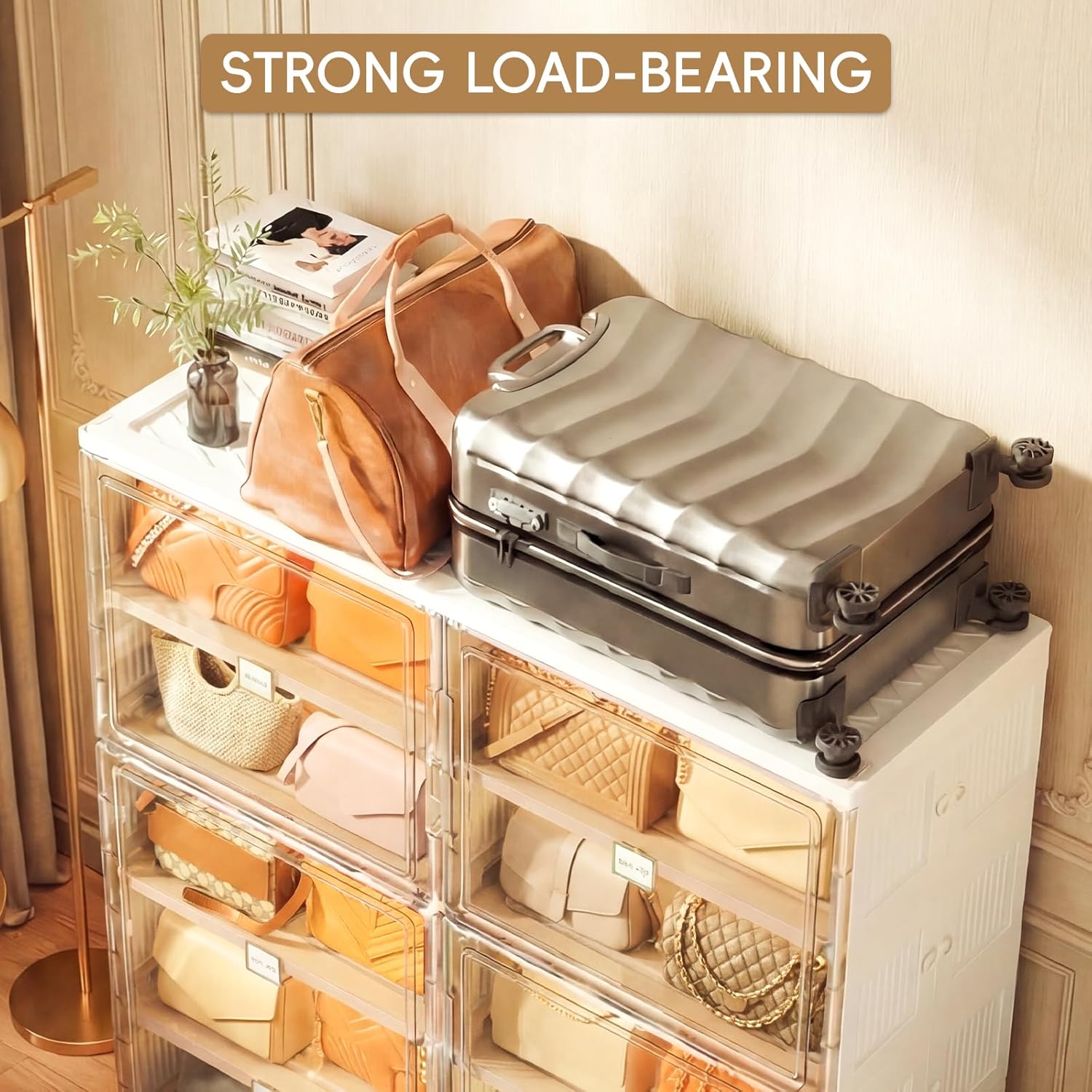 JEKO&JEKO 10-Tier Double Column Foldable Purse and Handbag Storage Cabinet, White Large Organizer with Magnetic Doors