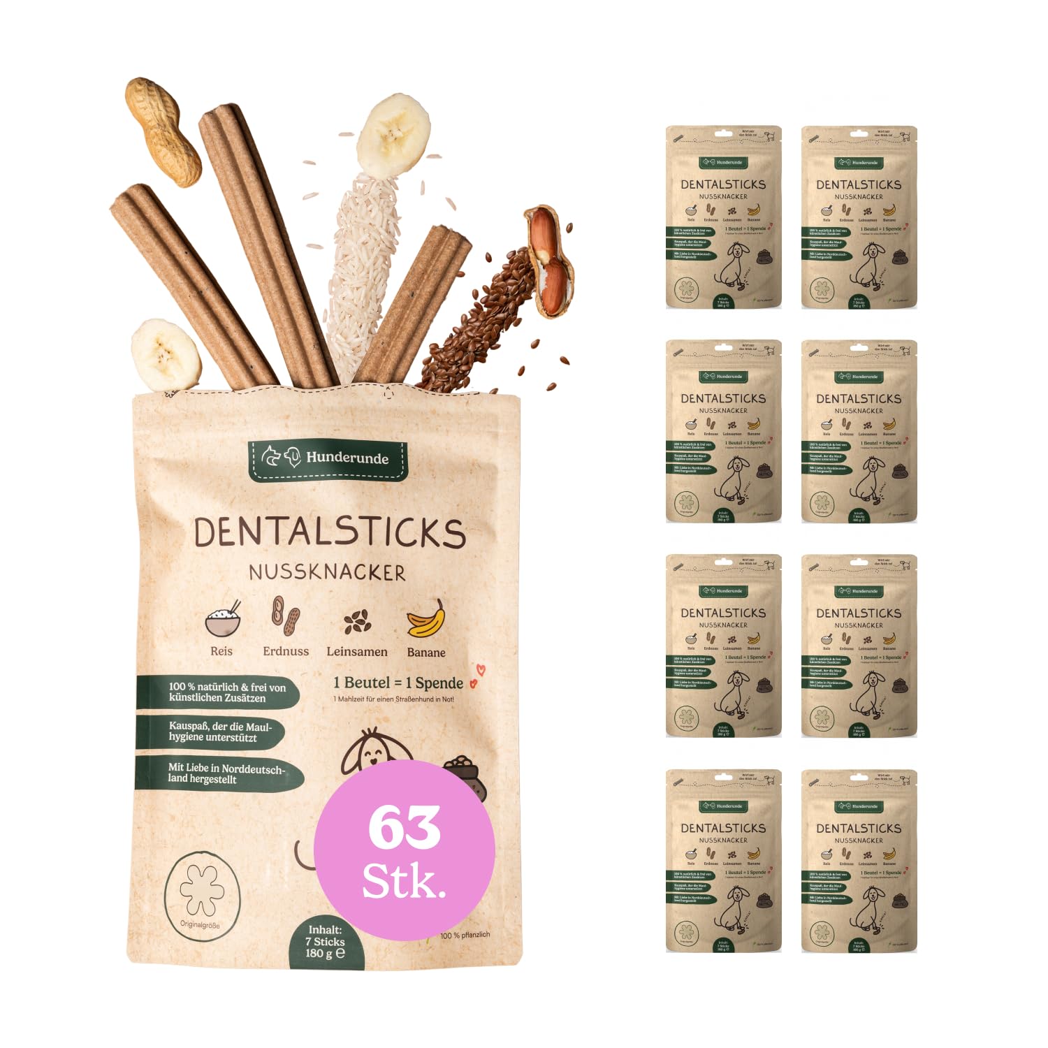Hunderunde – Dental Sticks Nussknacker 63 STK – vegane Zahnpflege Kausticks für Hunde – mit Erdnuss & Banane – getreidefrei & ohne tierische Proteine – zur Plaque & Zahnsteinreduktion – Kausnack