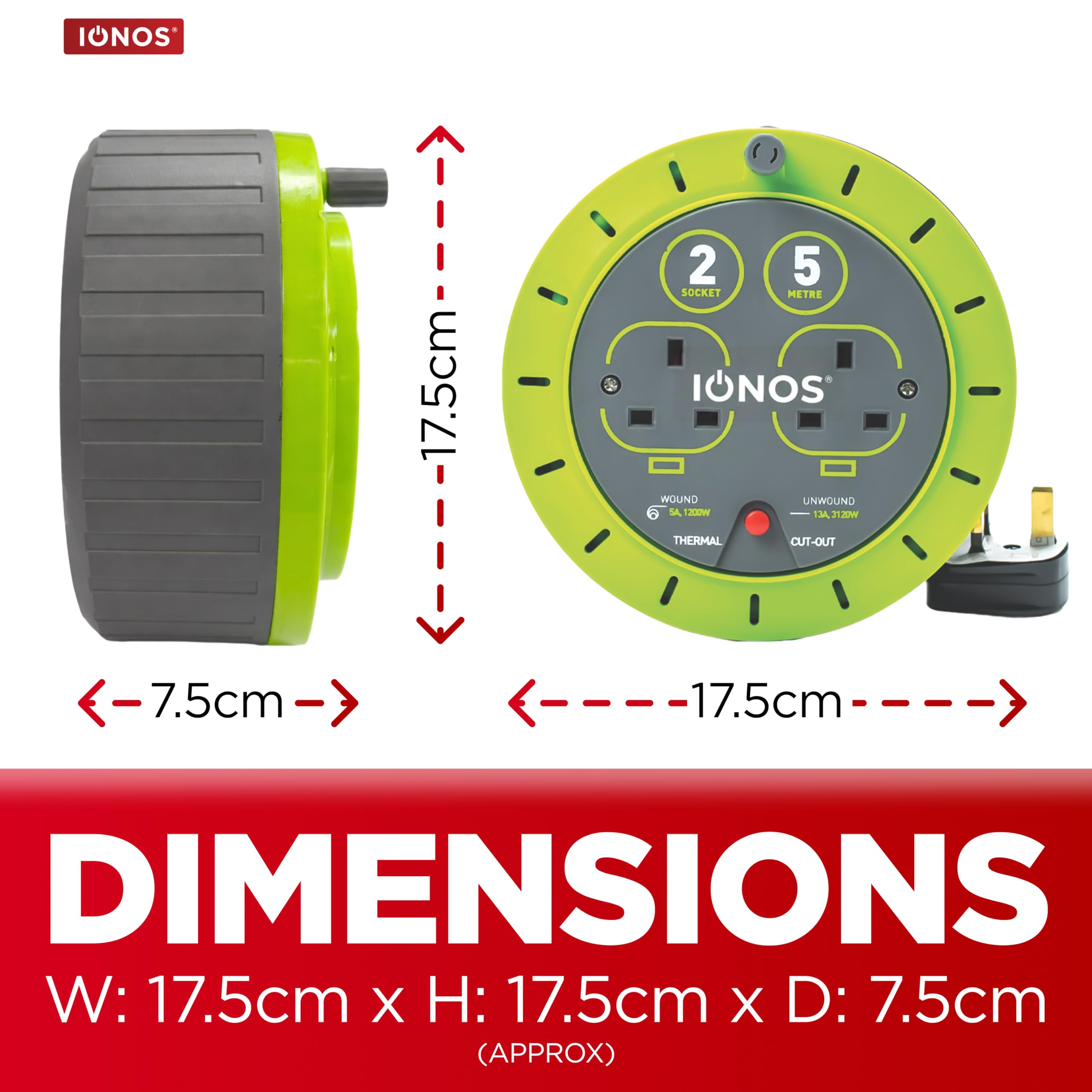 IONOS 2 Socket Cable Reel, 10m, Green Extension Lead, 13A with Thermal Cut Out, Heavy Duty Outdoor Extension Lead (ION13A10MCR6) — view 2