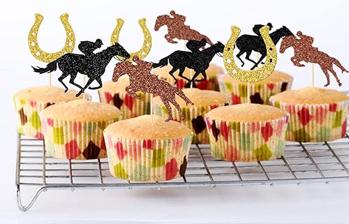 Miniatura 4 de BOOGIE BEAR Decoración para cupcakes ecuestres, 24 piezas (negro, dorado), ocasión de carreras de caballos, cartulina metálica con purpurina, 3.93 x