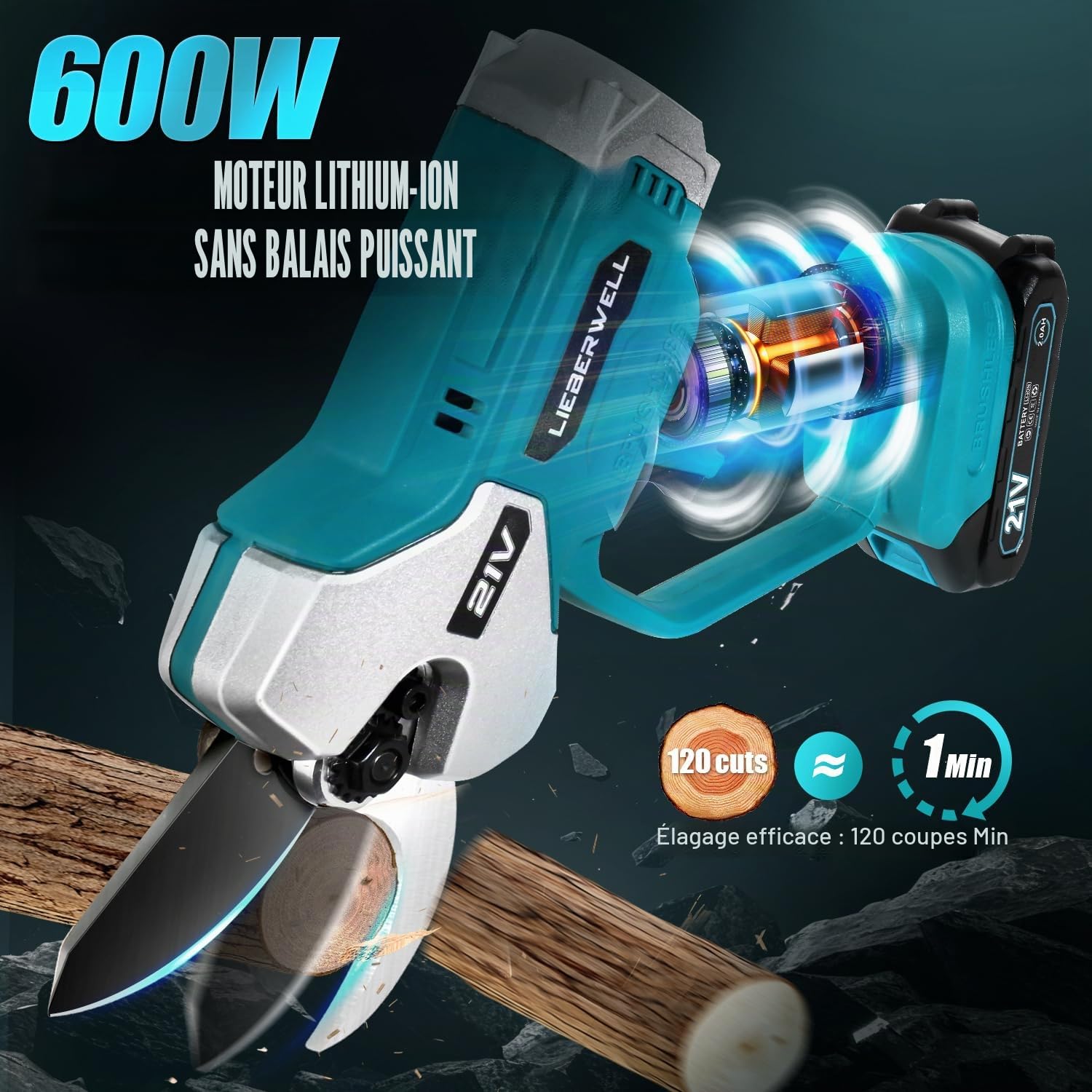 Sécateur électrique pour Makita 18 V Batterie, 600W Sécateur Professionnel Sans Fil avec 2 Batteries 2000 mAh, Moteur Sans Balais à Guidage Manuel avec Compteur de Coupes LCD, Diamètre de Coupe 35 mm