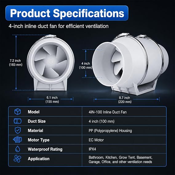 4 Inch Duct Fan Efficient Quiet Inline Ventilation Exhaust Fan for Bathroom