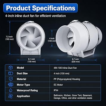 4 Inch Duct Fan Efficient Quiet Inline Ventilation Exhaust Fan for Bathroom