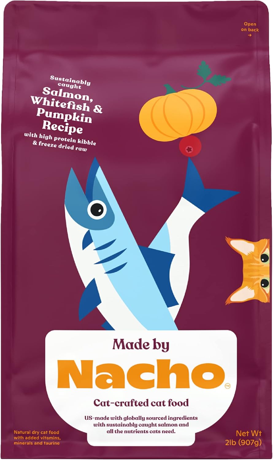 Made by Nacho Premium Dry Cat Food High Protein Kibble with Bone Broth 2lb Bag (Sustainably-Caught Salmon, Whitefish & Pumpkin)
