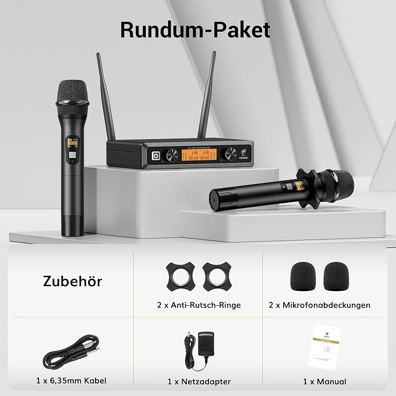 TONOR TW820 Vezeték Nélküli Duál Mikrofon Szett - UHF Professzionális Dinamikus Rendszer Karaoke, Buli, Esküvő, Rendezvény - 60m Hatótáv, Fe