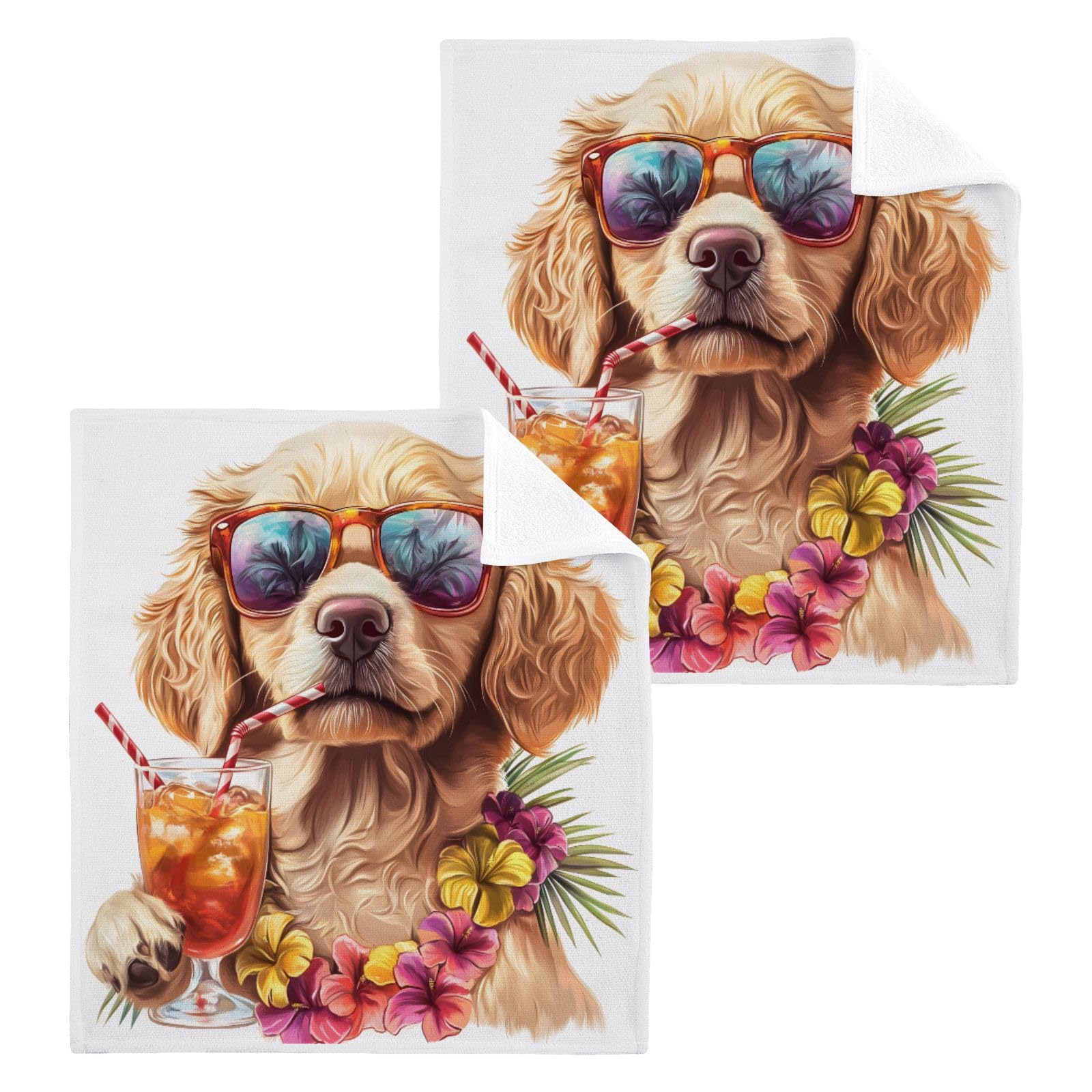 ALAZA Wash Cloth Set 100% Cotton Fingertip Towels Face Cloths Sets Golden Retriever Puppy Highly Absorbent Soft Feel Set of 2