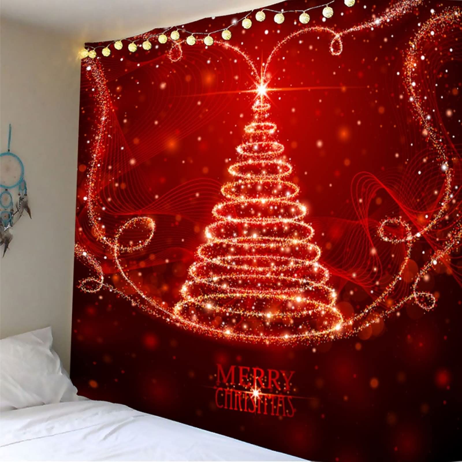 Tapices Vintage, Tapiz Navideño Pared Árbol de Navidad con Luz de Estrellas Rojo Poliéster 350X256cm