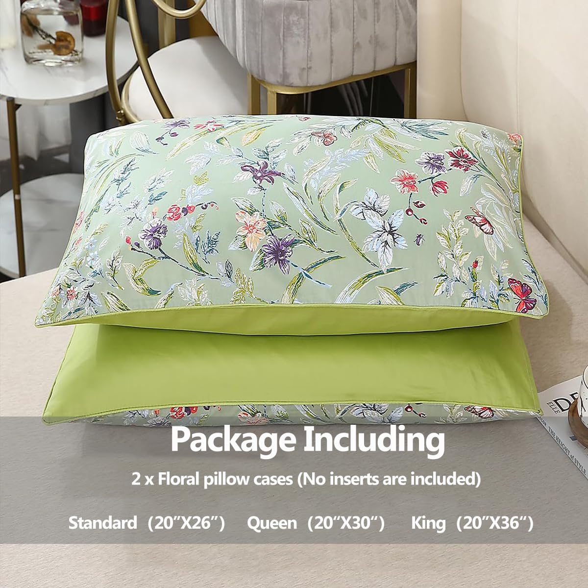 100% Egyption Cotton Queen Size Pillow Case - 2 Pack Sage Green Flower Print Pillow Covers Botanical Pattern Pillowcases Farmhouse Envelope Closure Pillow Shams Soft Breathable Bedding - 20"x30"