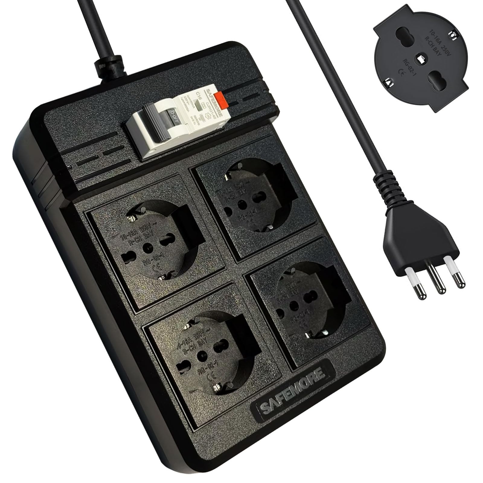 Presa Multipla con Interruttore Salvavita Integrato, 4 Prese con Protezione RCD 16A/250V, Ciabatta Salvavita 4000W con Cavo di Prolunga da 3m e Interruttore Differenziale 30mA RCBO (Solo per l'Italia)